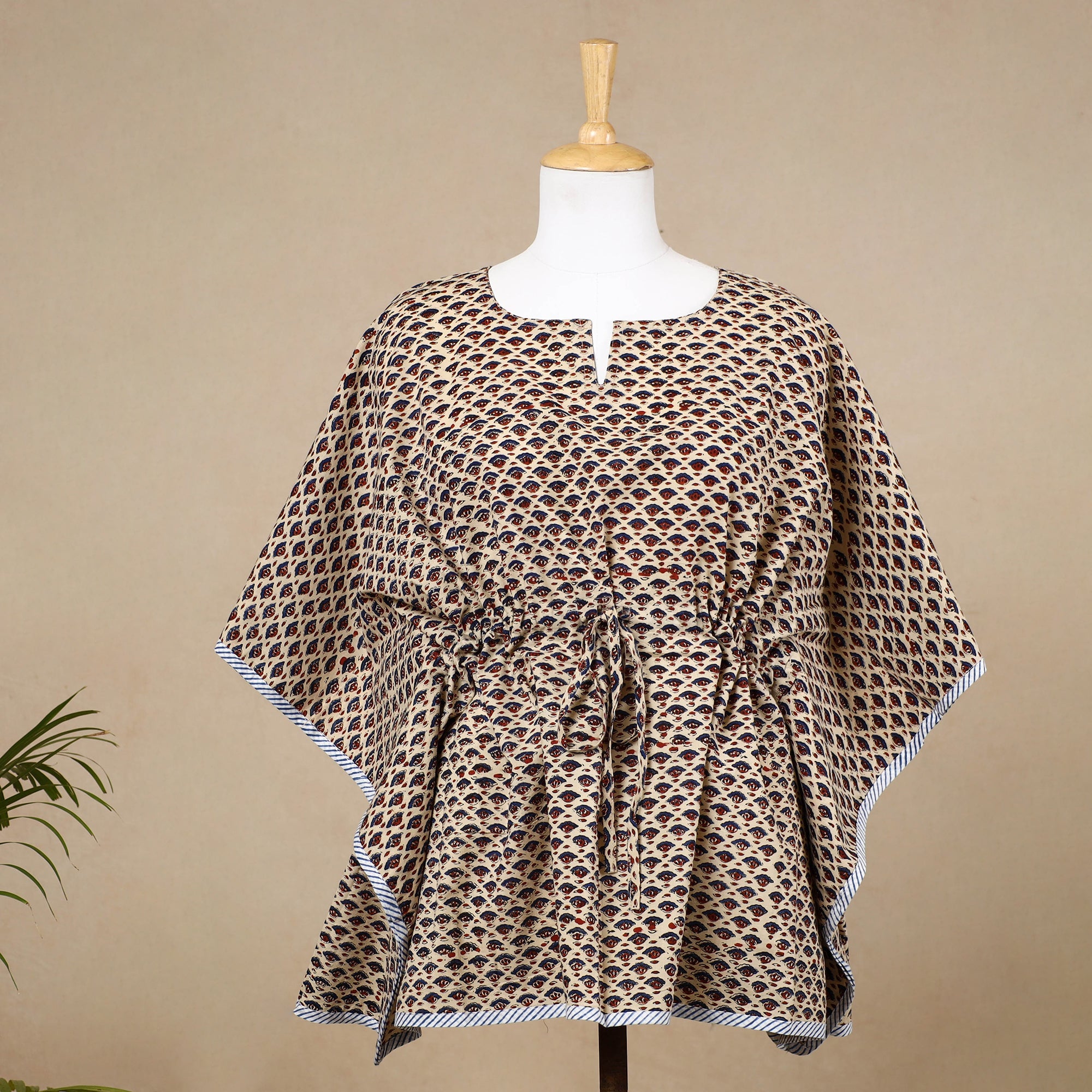 CHUTNEY CRAFT STUDIO Beige - Hand Block Printed Cotton Kaftan with Tie-Up Waist (Short)