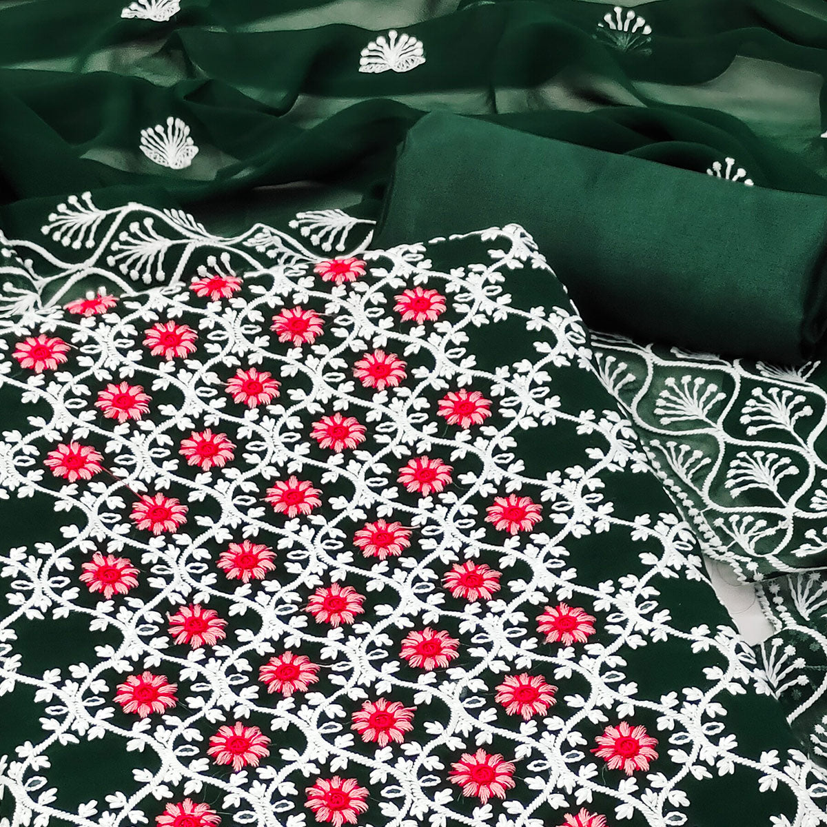 Peachmode Bottle Green Embroidered Georgette Dress Material - view 2