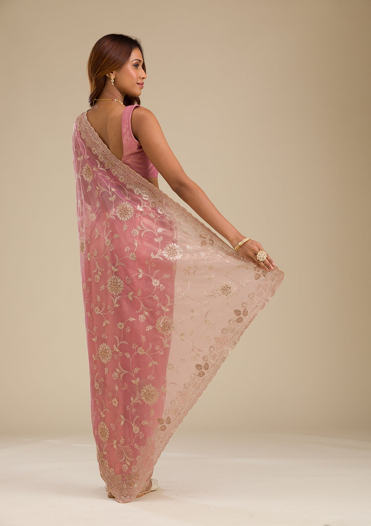 Koskii Rust Zariwork Tissue Saree – Women's - view 2