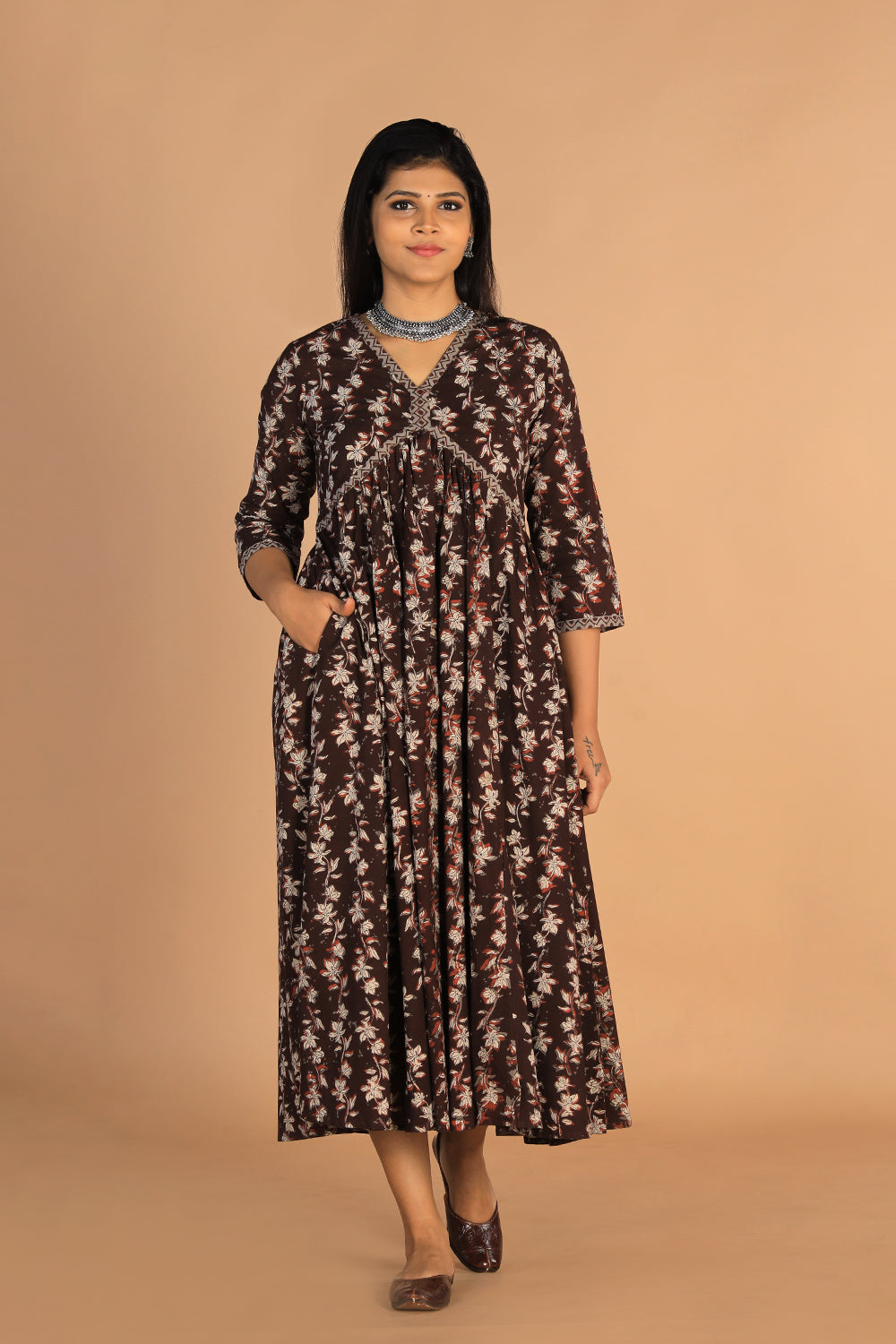 Kalanjali Ethnics Deep bark brown Cotton Bagru dress