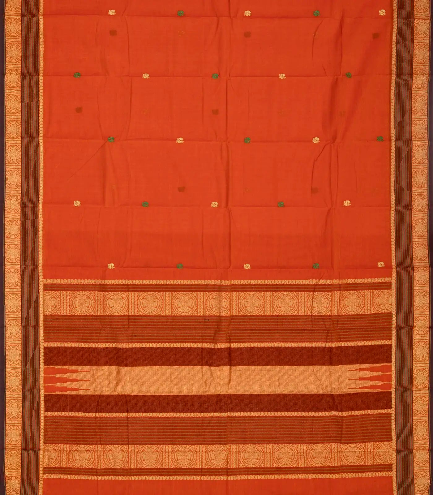 RmKV Orange Handloom Kanchi Cotton Saree With Annam Buttas - view 2
