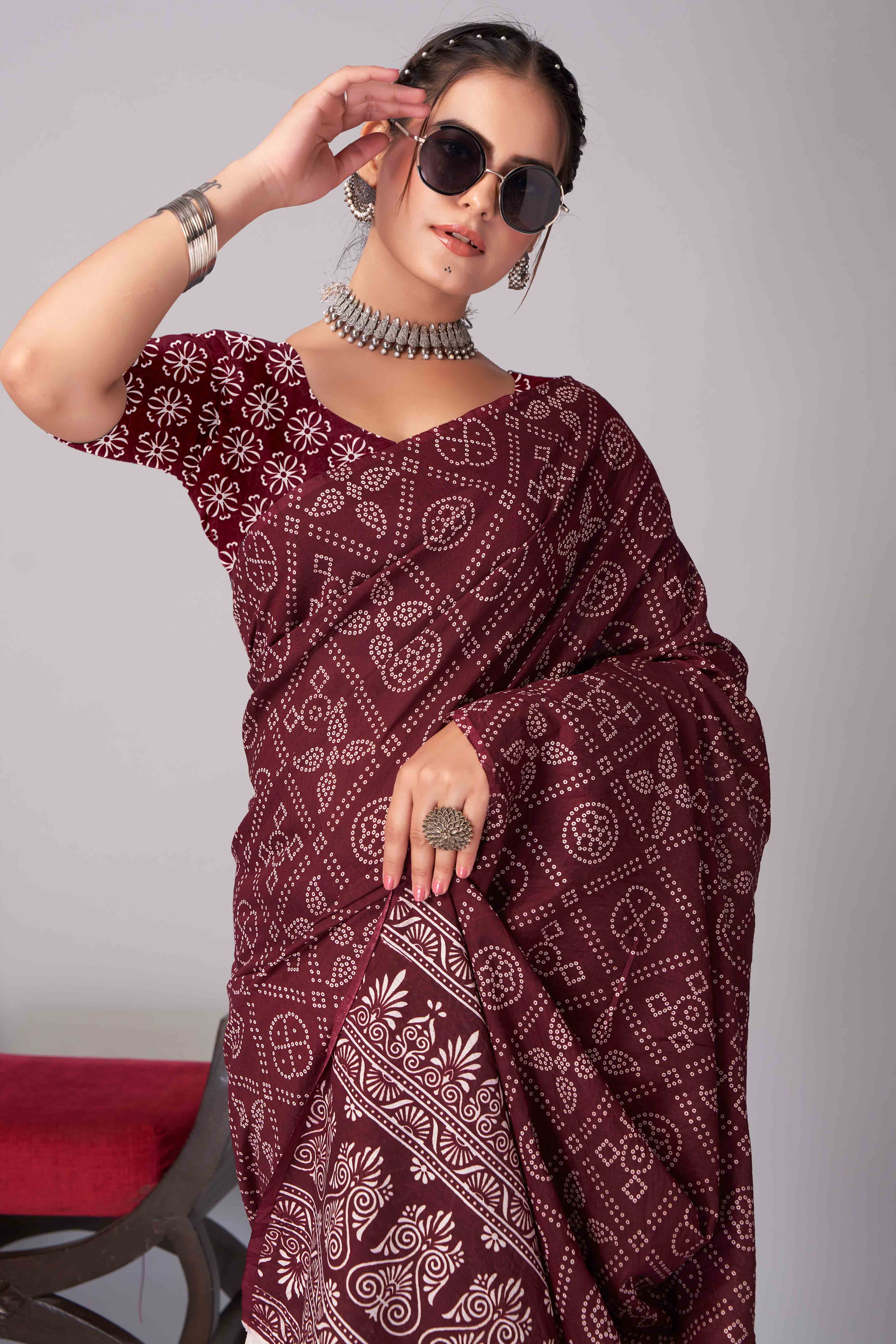 Peachmode Dark Maroon Ajrakh Printed Cotton Blend Saree - view 6