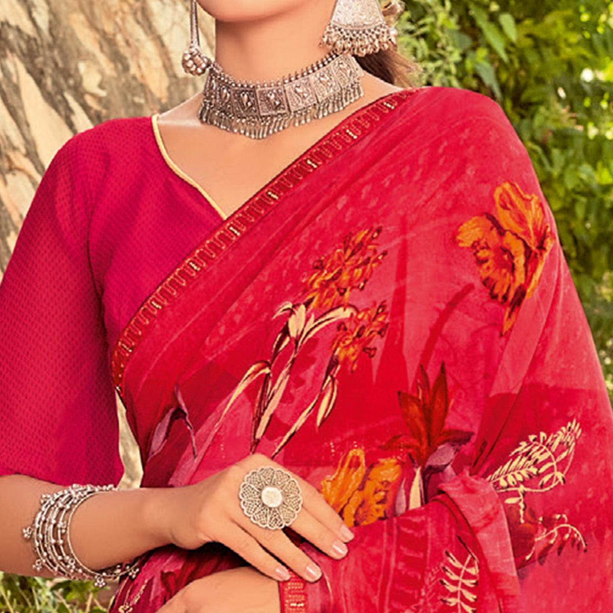 Peachmode Seller Coral Pink Casual Wear Printed Georgette Saree - view 2