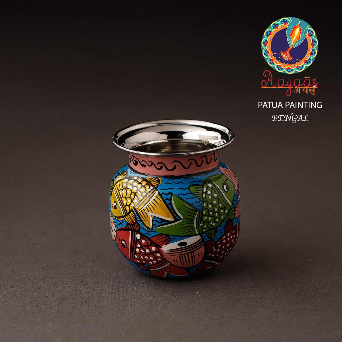 AAYAAS Bengal Patua Handpainted Stainless Steel Lota / Kalash / Container