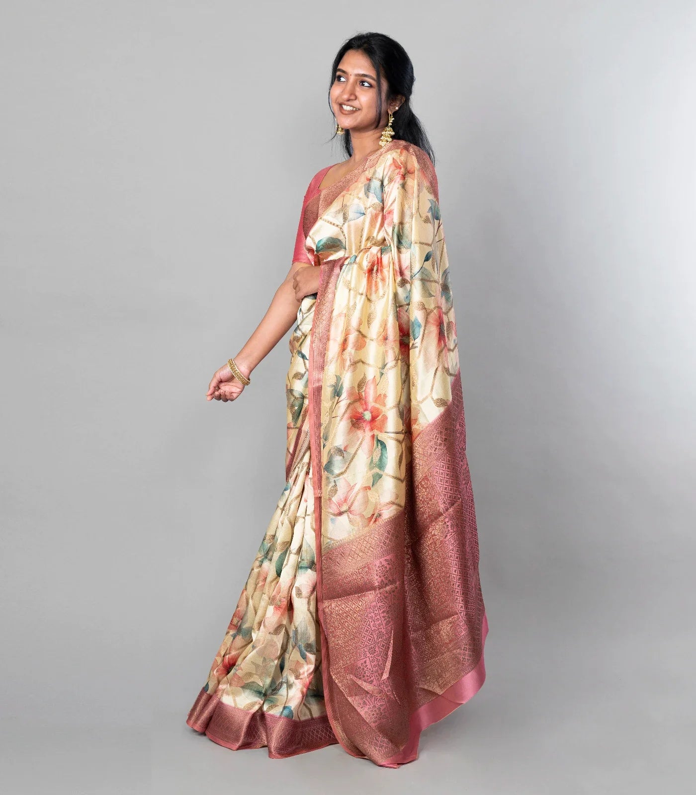 RmKV Cream Woven Dola Synthetic Saree With Printed Floral Motifs - view 2