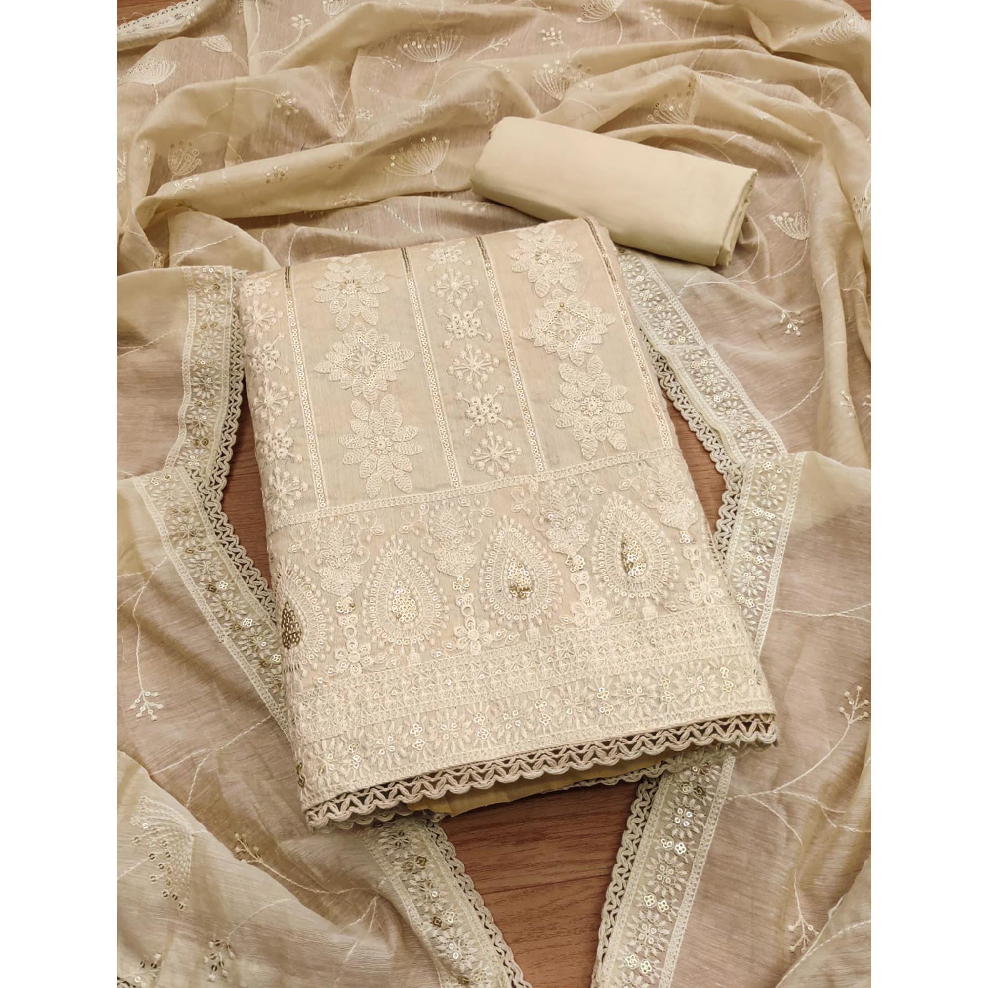 Peachmode Cream Sequins Embroidered Chanderi Silk Dress Material - view 3