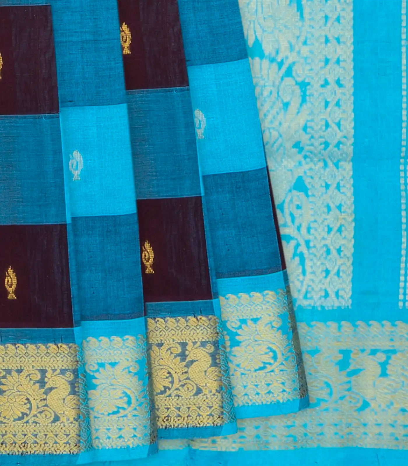 RmKV Cyan Handloom Silk Cotton Saree With Checks & Buttas-Cyan
