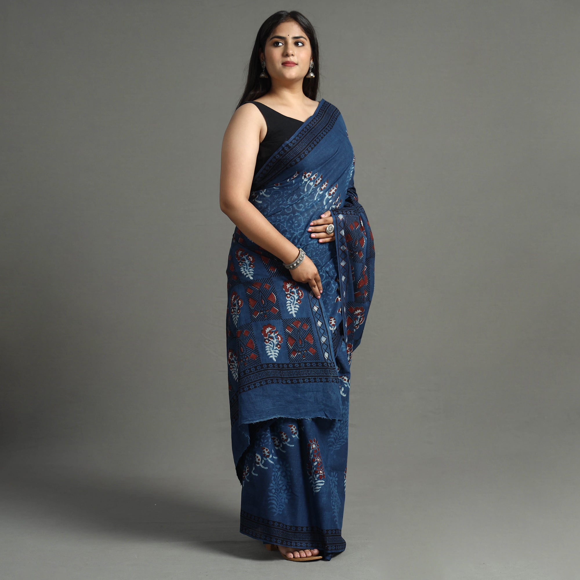 ITOKRI CRAFTS INITIATIVE Blue - Indigo Nandana Dabu Block Printed Mul Cotton Saree 27 - view 2