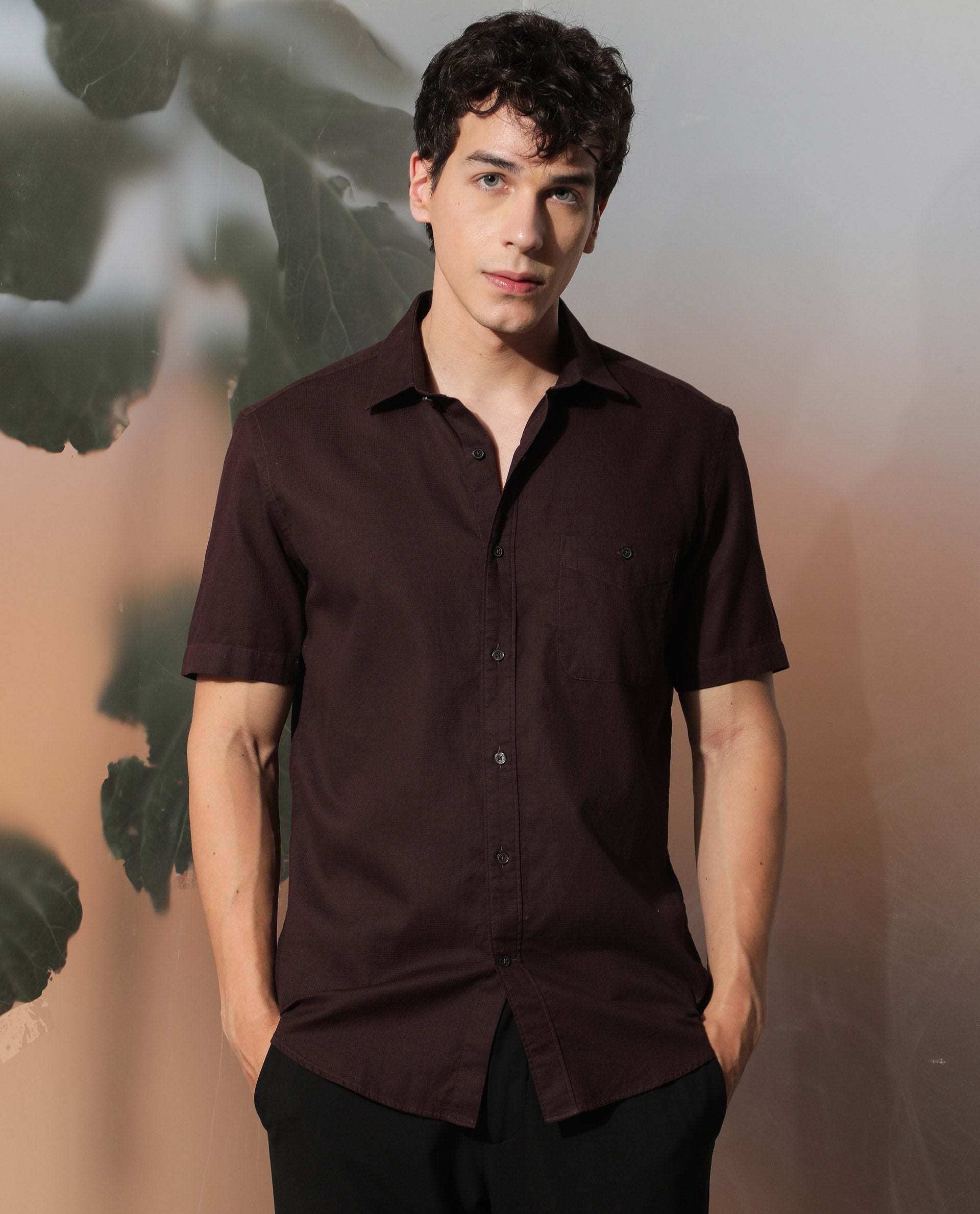 Rare Rabbit Men's Affle Dark Maroon Dobby Fabric Half Sleeves Solid Shirt