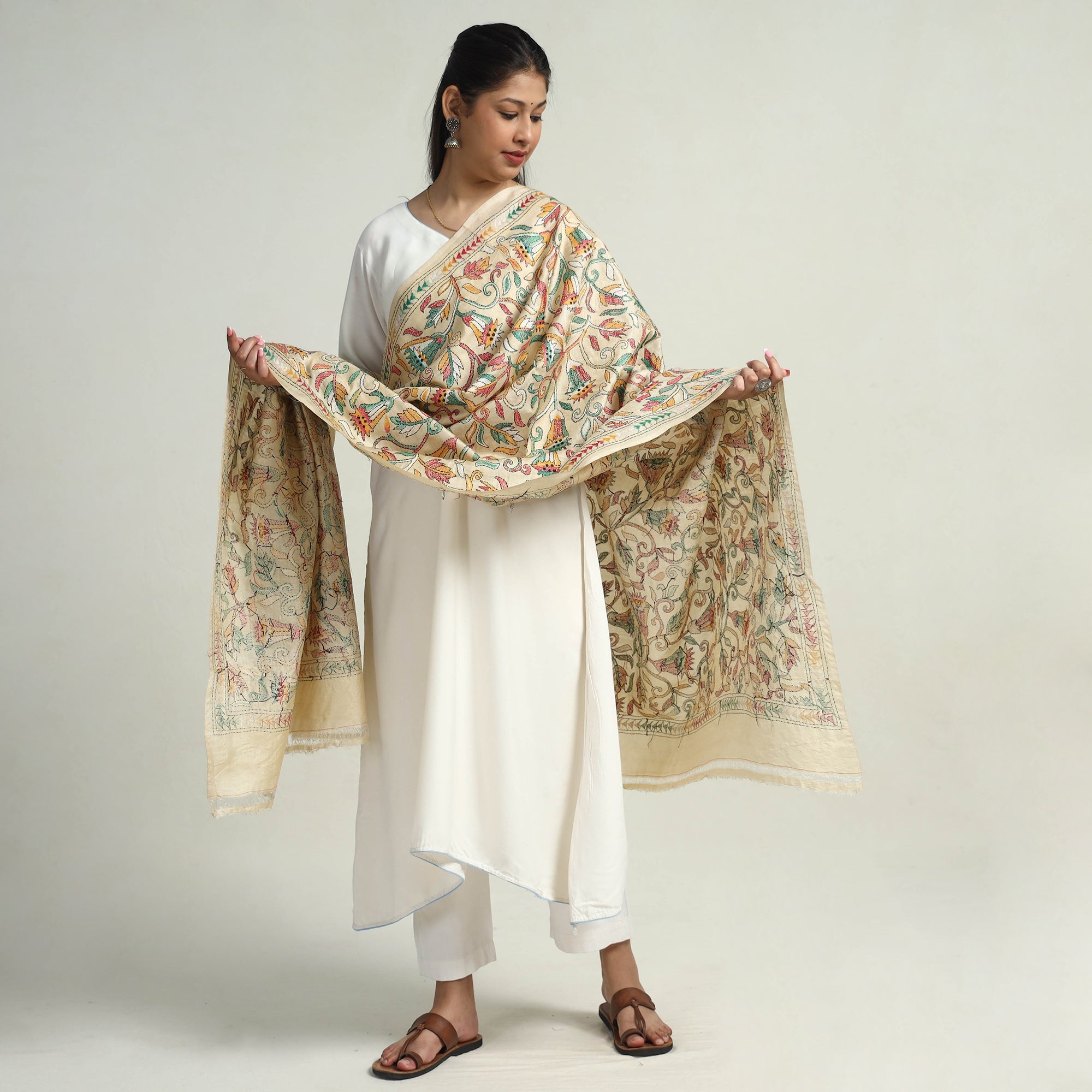 KHUSHBASH - HAPPY LOOM OF EAST Beige - Bengal Kantha Hand Embroidery Tussar Silk Cotton Handloom Dupatta 14 - view 2