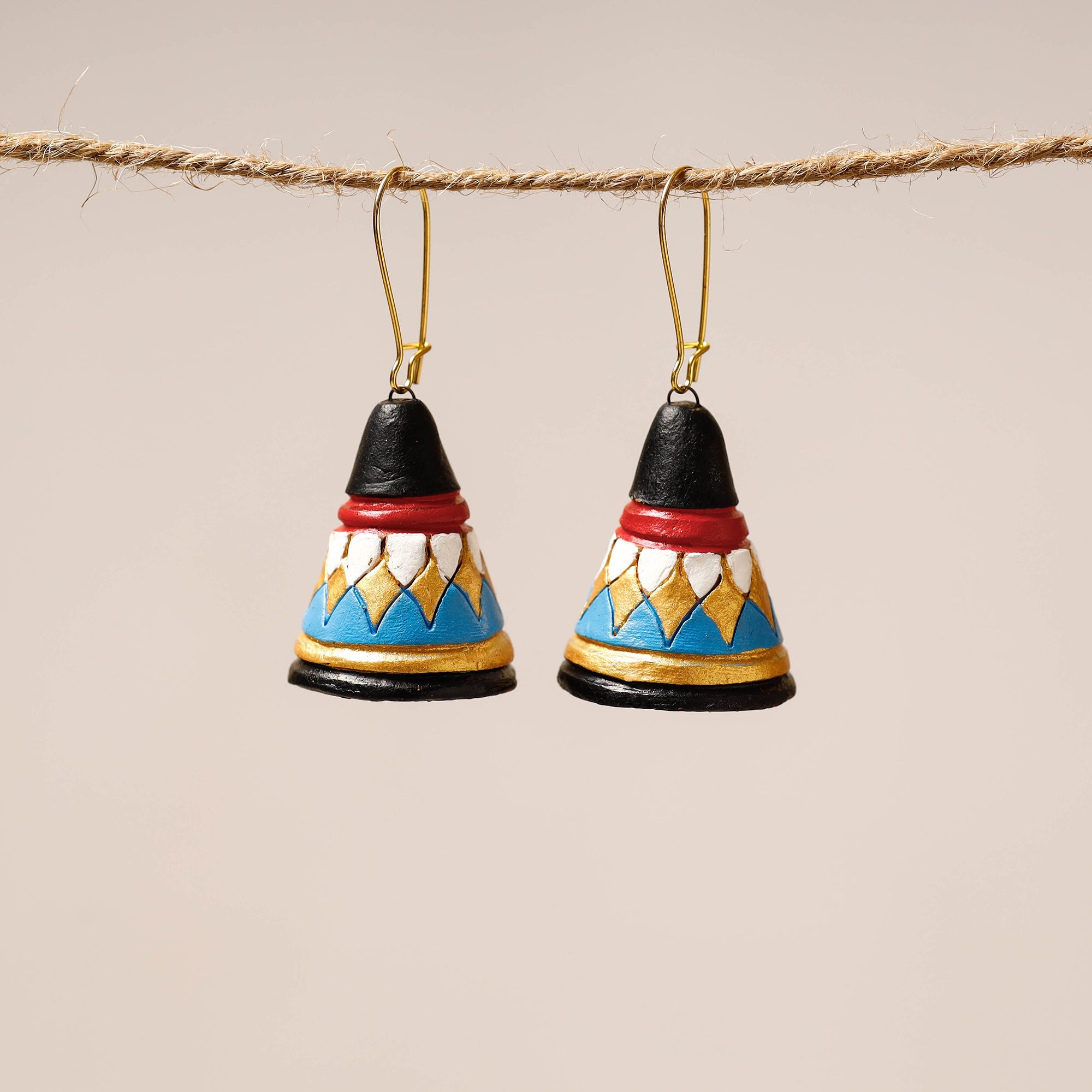 KHUSHBASH - HAPPY LOOM OF EAST Bishnupur Handpainted Cone Shape Terracotta Dangler Earrings