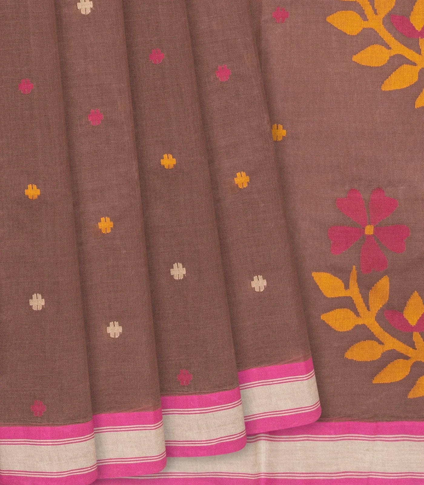 RmKV Taupe Handloom Dhakai Cotton Saree With Buttas & Floral Motifs -Taupe