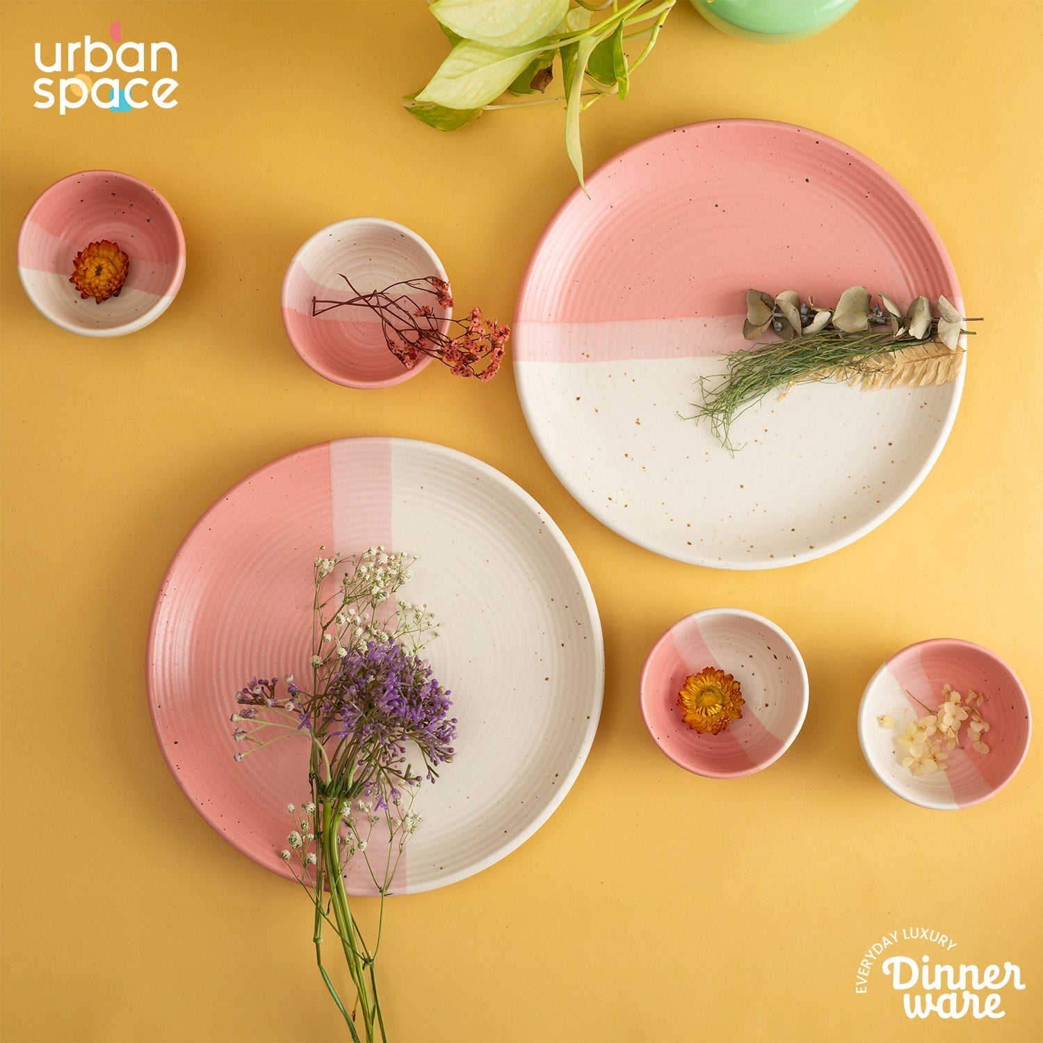 Urban Space Home Furnishing Handmade Ceramic Dinner Set for 2, set of 2 Dinner plates and 4 katoris, Set of 6, Pink Pearl - view 2