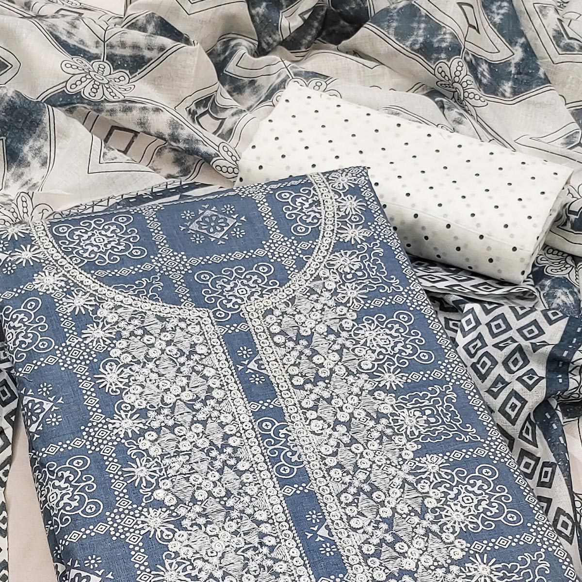 Peachmode Grey Printed With Embroidered Pure Cotton Dress Material - view 2
