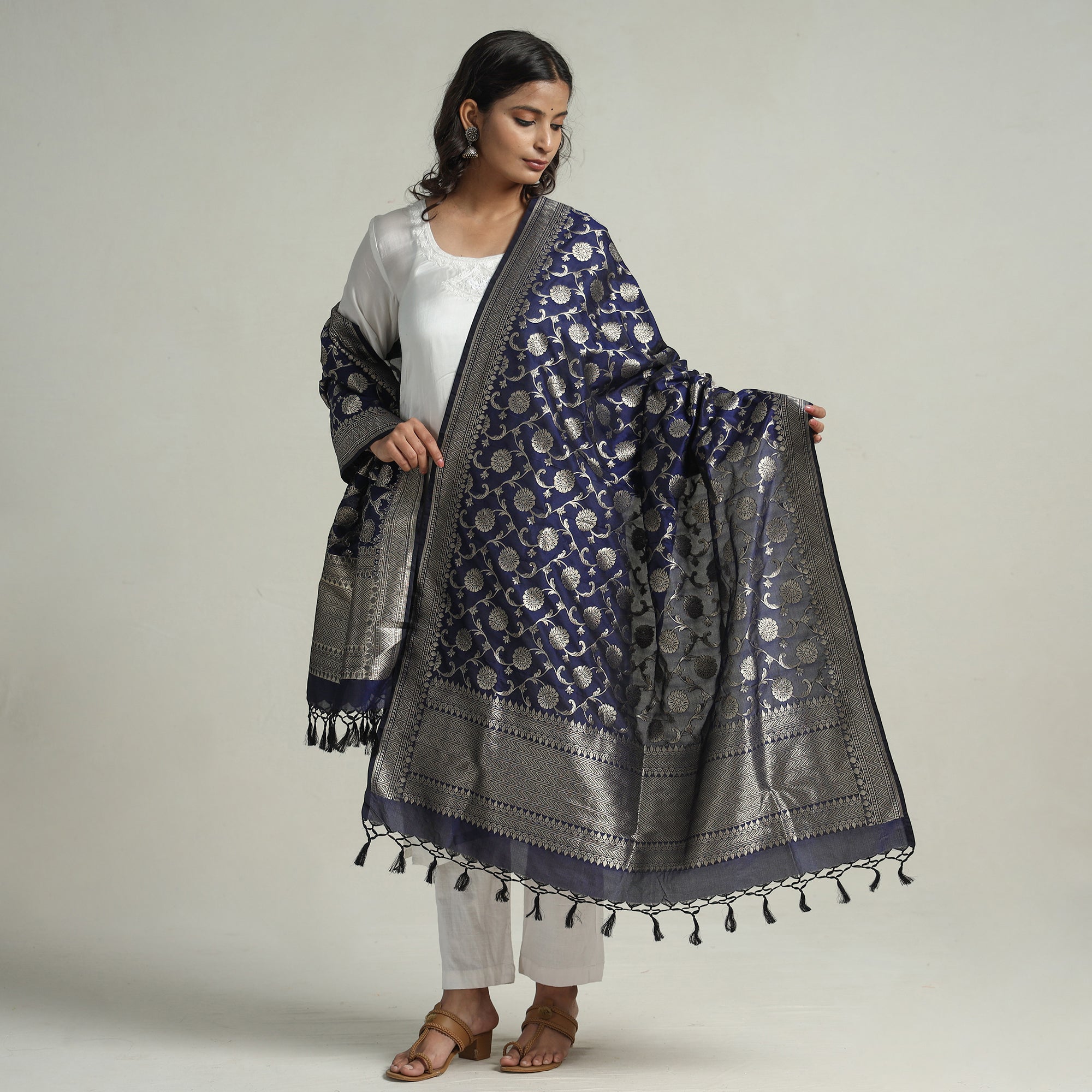 BANARASI BY MAQBUL HASAN Blue - Banarasi Semi Silk Zari Jaal Dupatta with Tassels 85