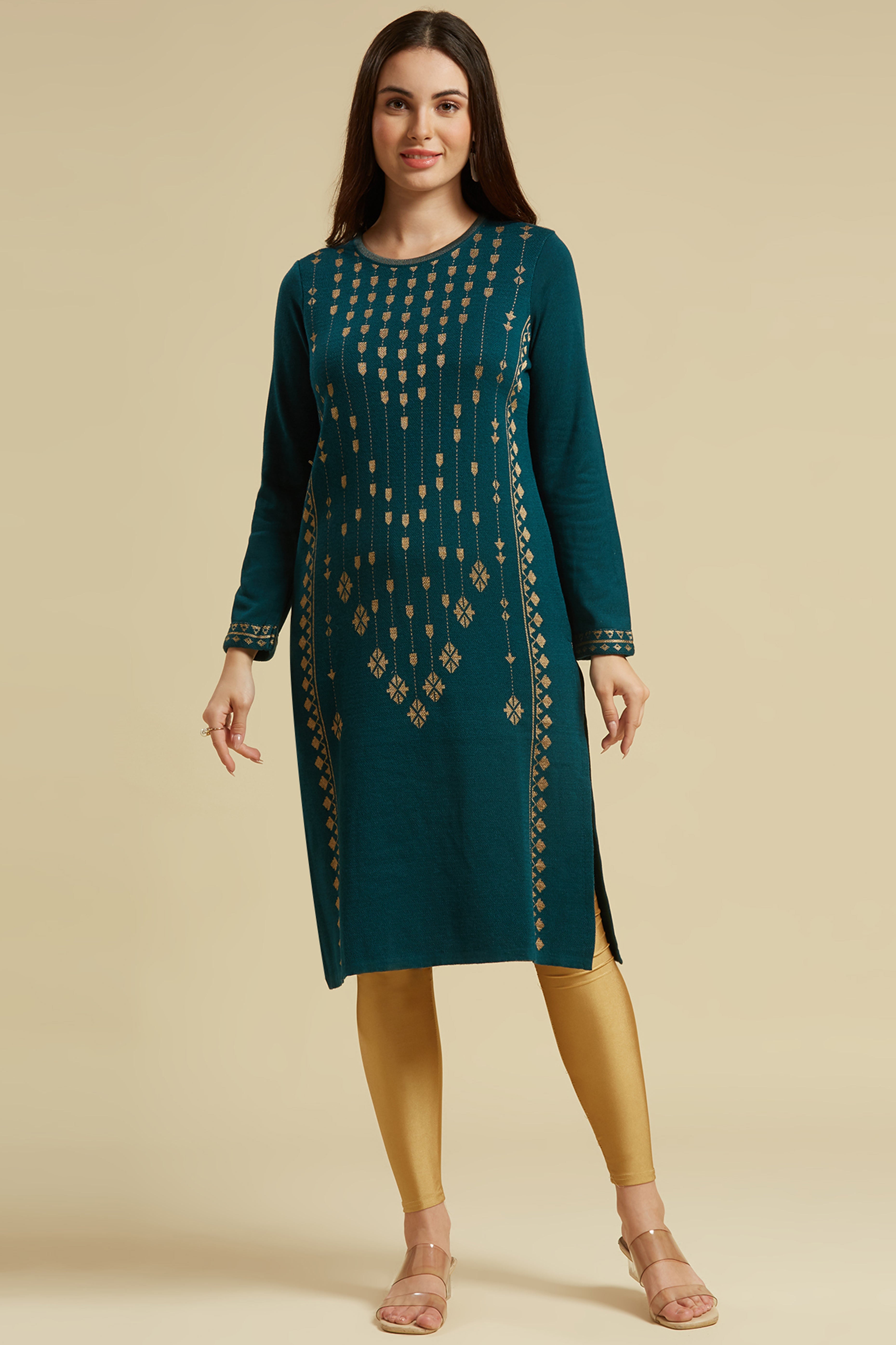 Peachmode Dark Teal Floral Woolen Top Bottom Set - view 6