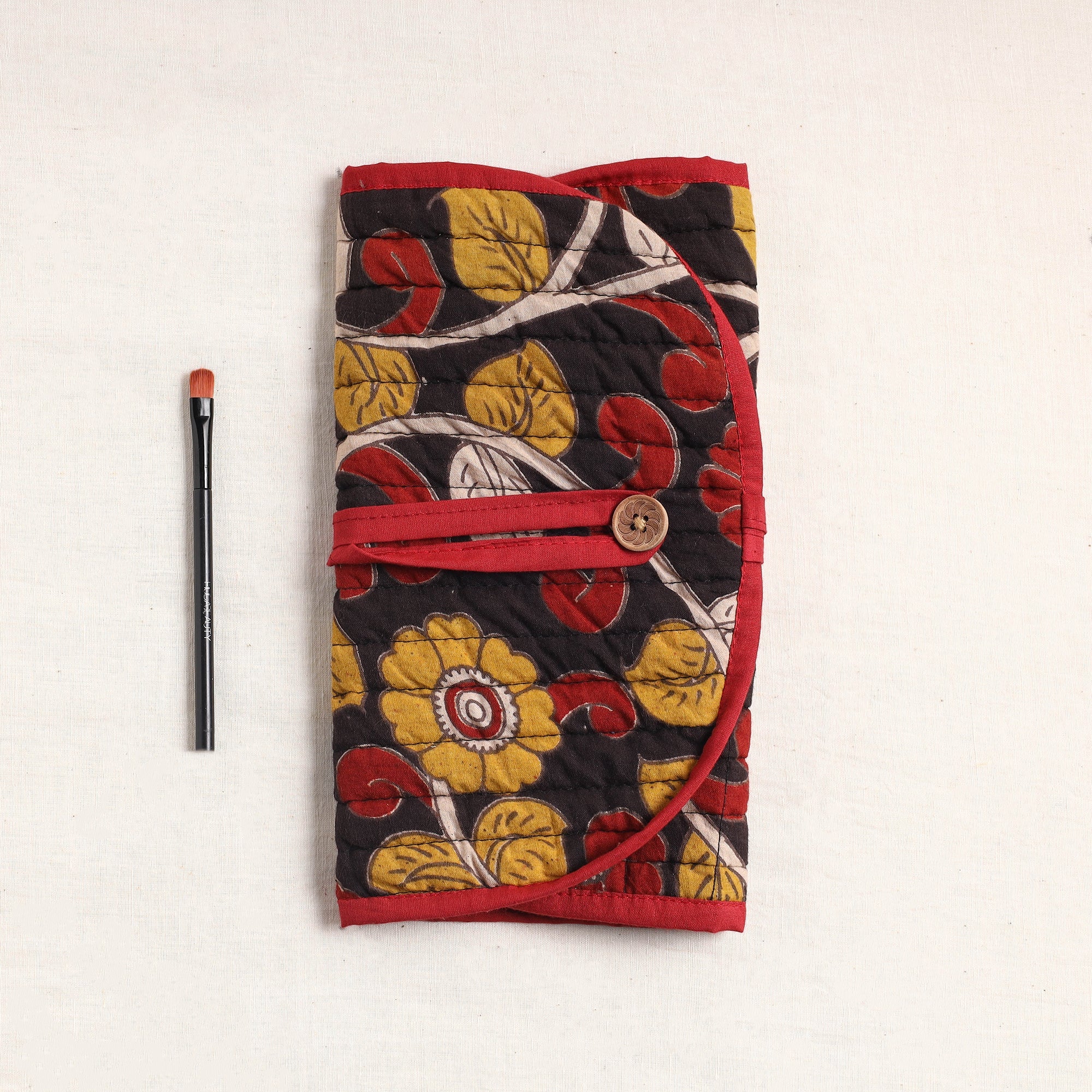 NOORI BAZAR Black - Kalamkari Fabric Multipurpose Segmented Make-up Brush Wrap Pouch/Case - view 2