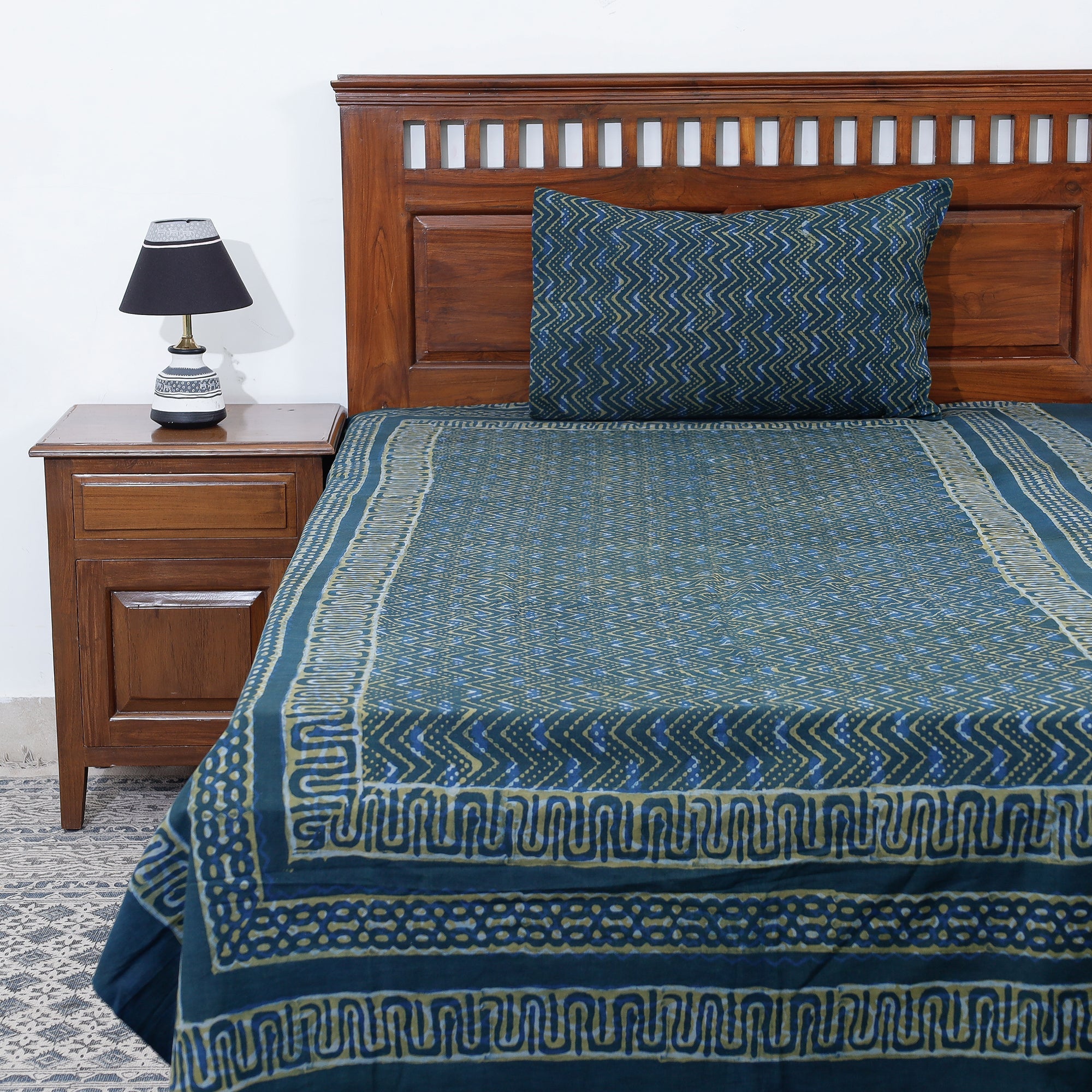 AHA VASTRA HANDLOOM Blue - Akola Block Printing Jhiri Handloom Cotton Single Bed Cover (97 x 59 in)
