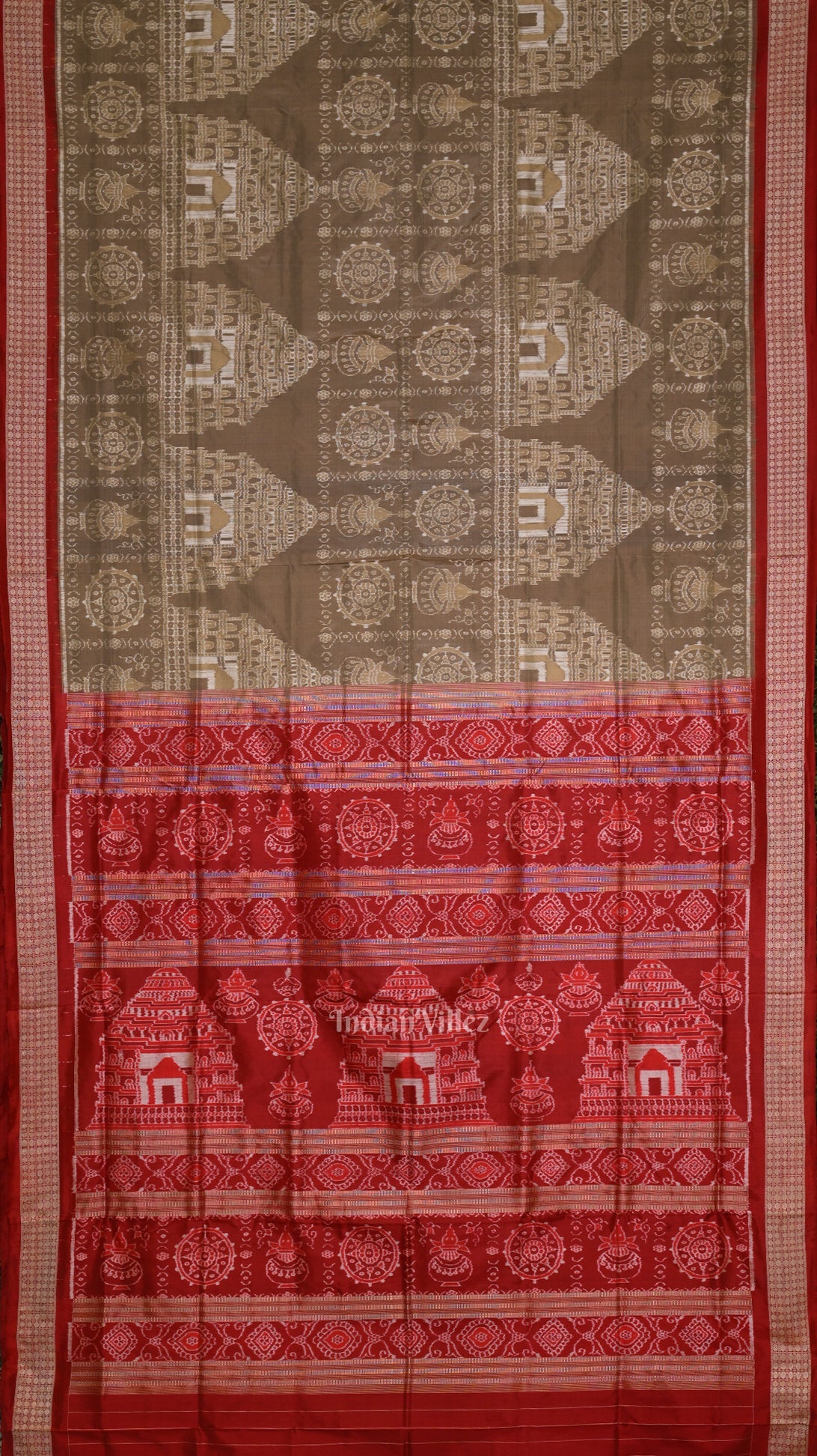 IndianVillèz Beige Cream Red Konark Theme Odisha Ikat Sambalpuri Silk Saree - view 2