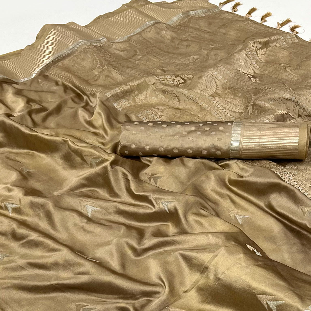 Peachmode Chikoo Woven Satin Silk Saree With Tassels - view 2