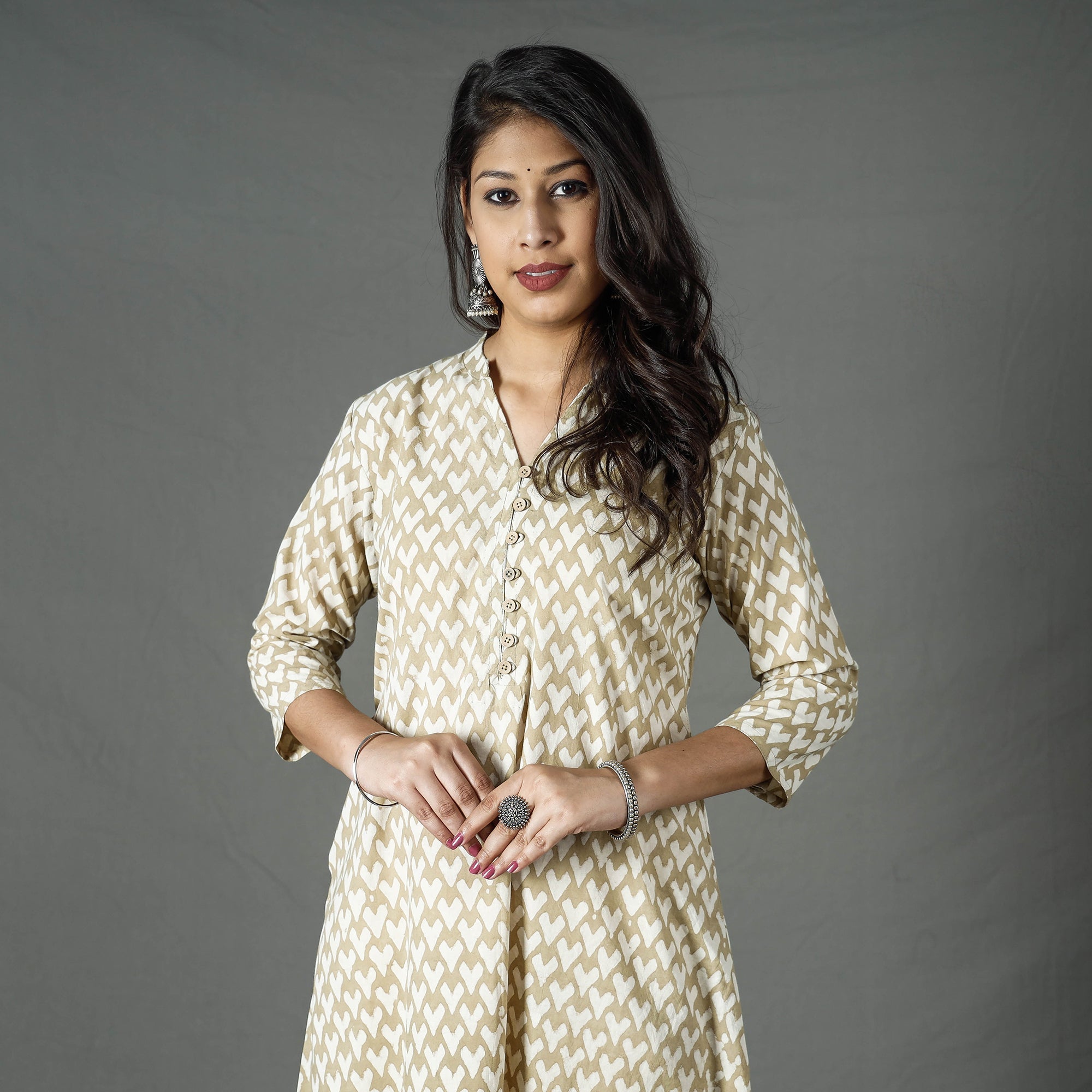 ITOKRI CASUALS Beige - Pipad Block Printed Cotton A-Line Long Kurta