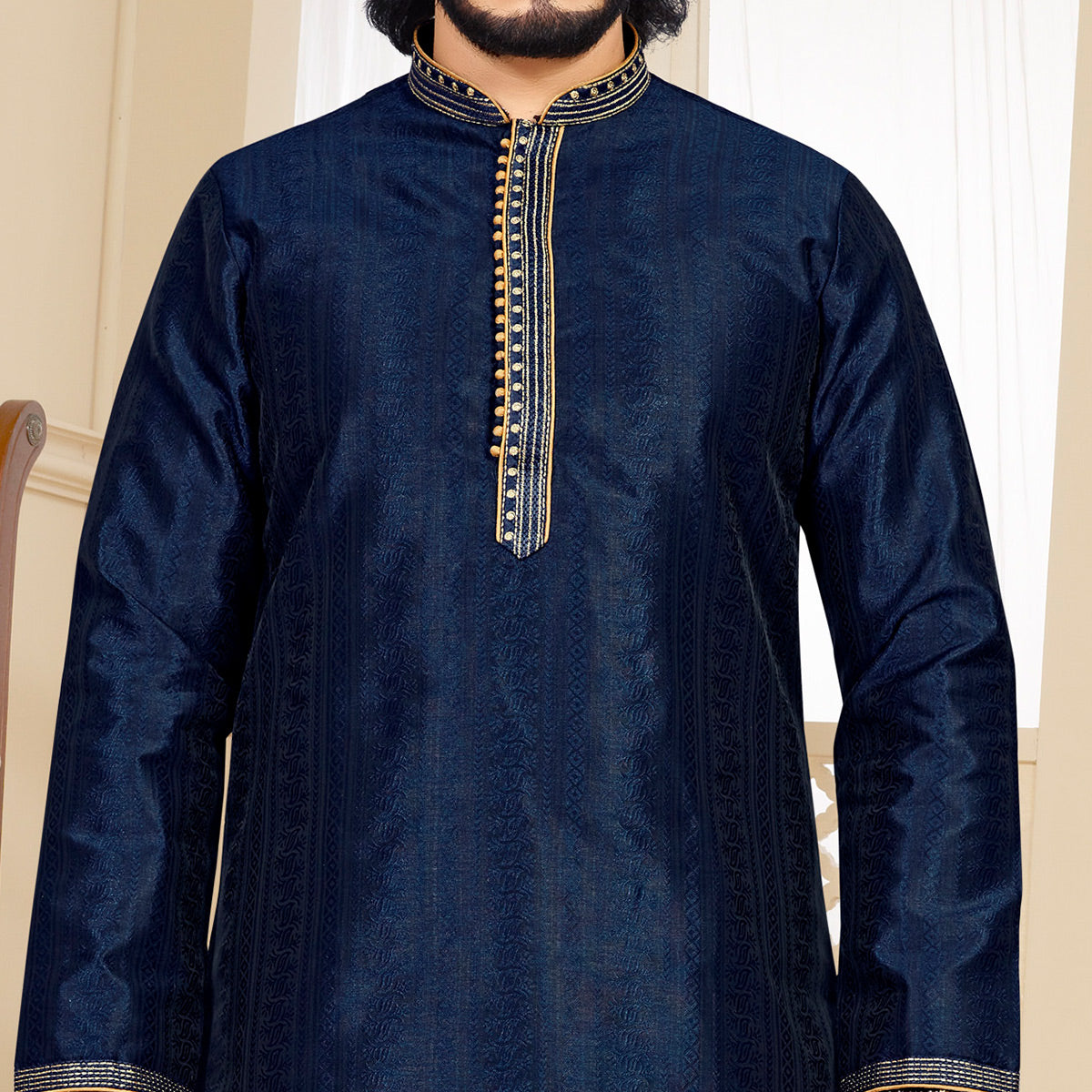 Peachmode Seller Blue Woven Jacquard Kurta Pyjama Set - view 2