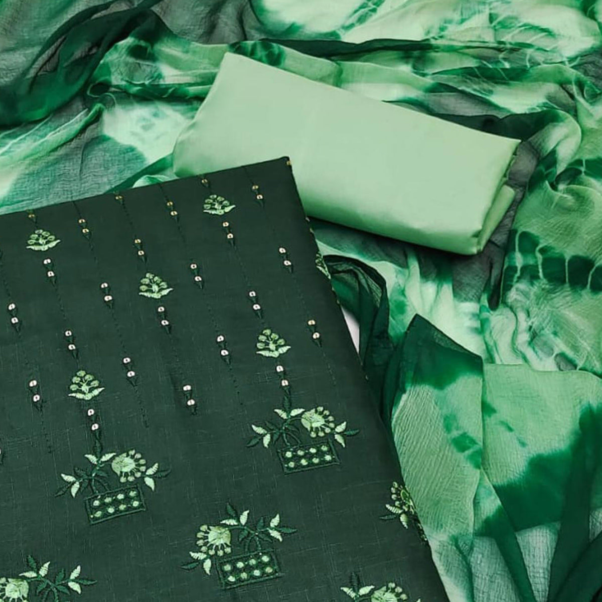 Peachmode Bottle Green Floral Sequins Embroidered Cotton Blend Dress Material - view 2