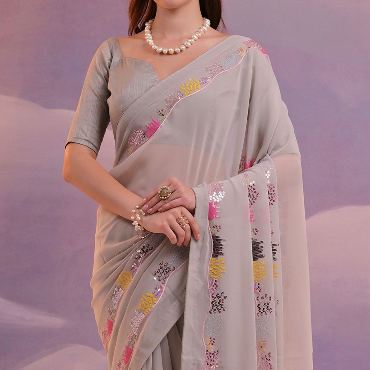 Peachmode Grey Sequins Embroidered Georgette Saree With Lace Border - view 3