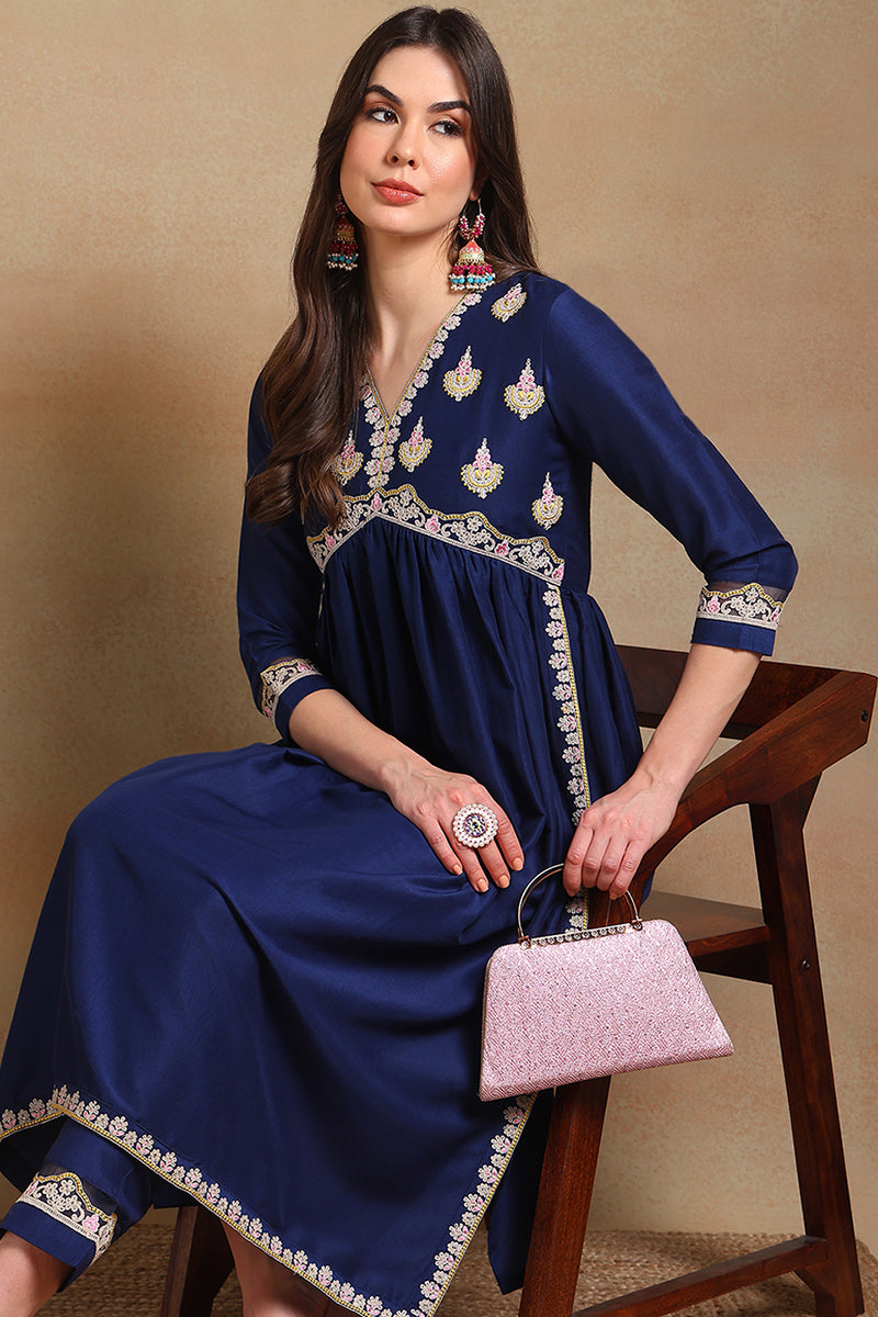 Ahika Plus Size Navy Blue Silk Blend Solid Embroidered Flared Kurta Set VKSET1483 - view 2