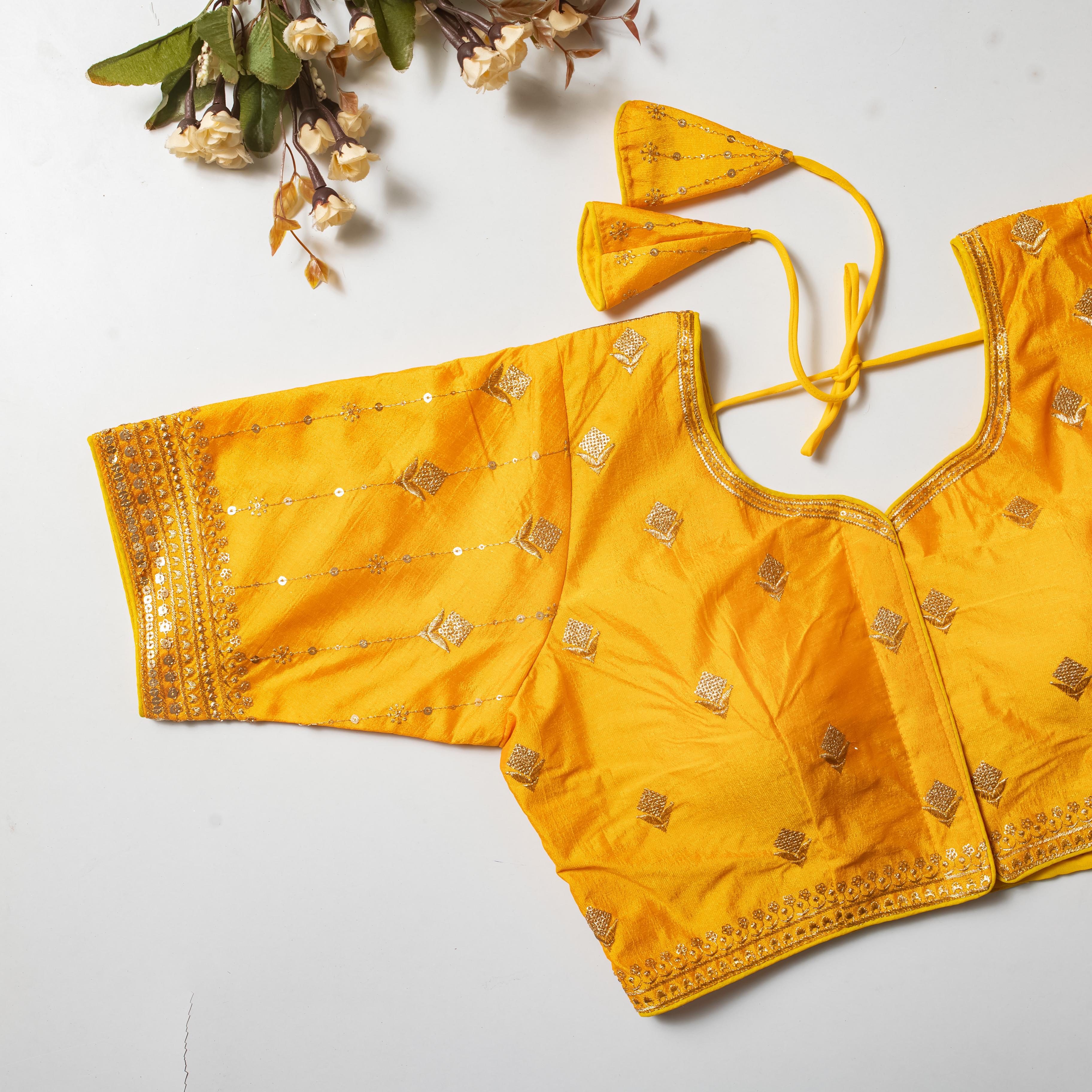ClothsVilla Yellow Golden Embroidered Vibrant Silk Blouse with Sequins - view 2