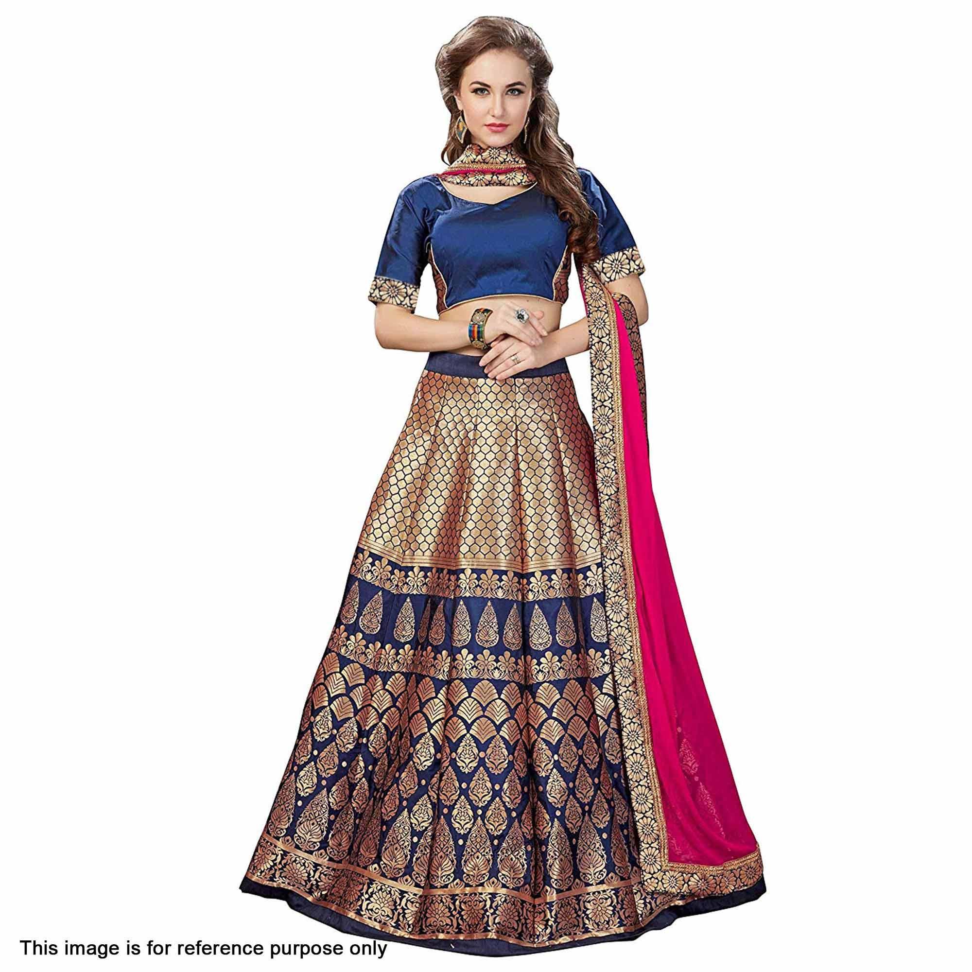Peachmode Magnetic Blue Colored Partywear Woven Banarasi Silk Jacquard Lehenga Choli
