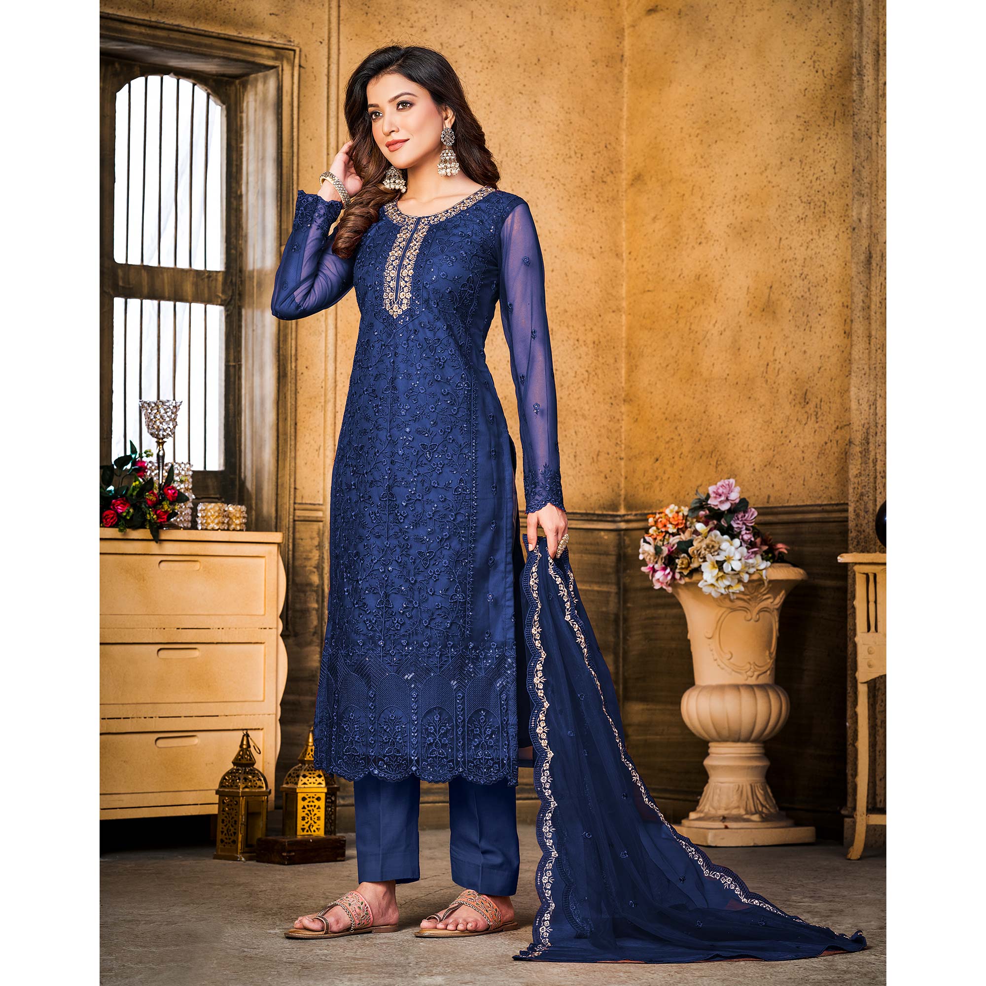 Peachmode Blue Sequins Floral Embroidered Net Semi Stitched Suit - view 4
