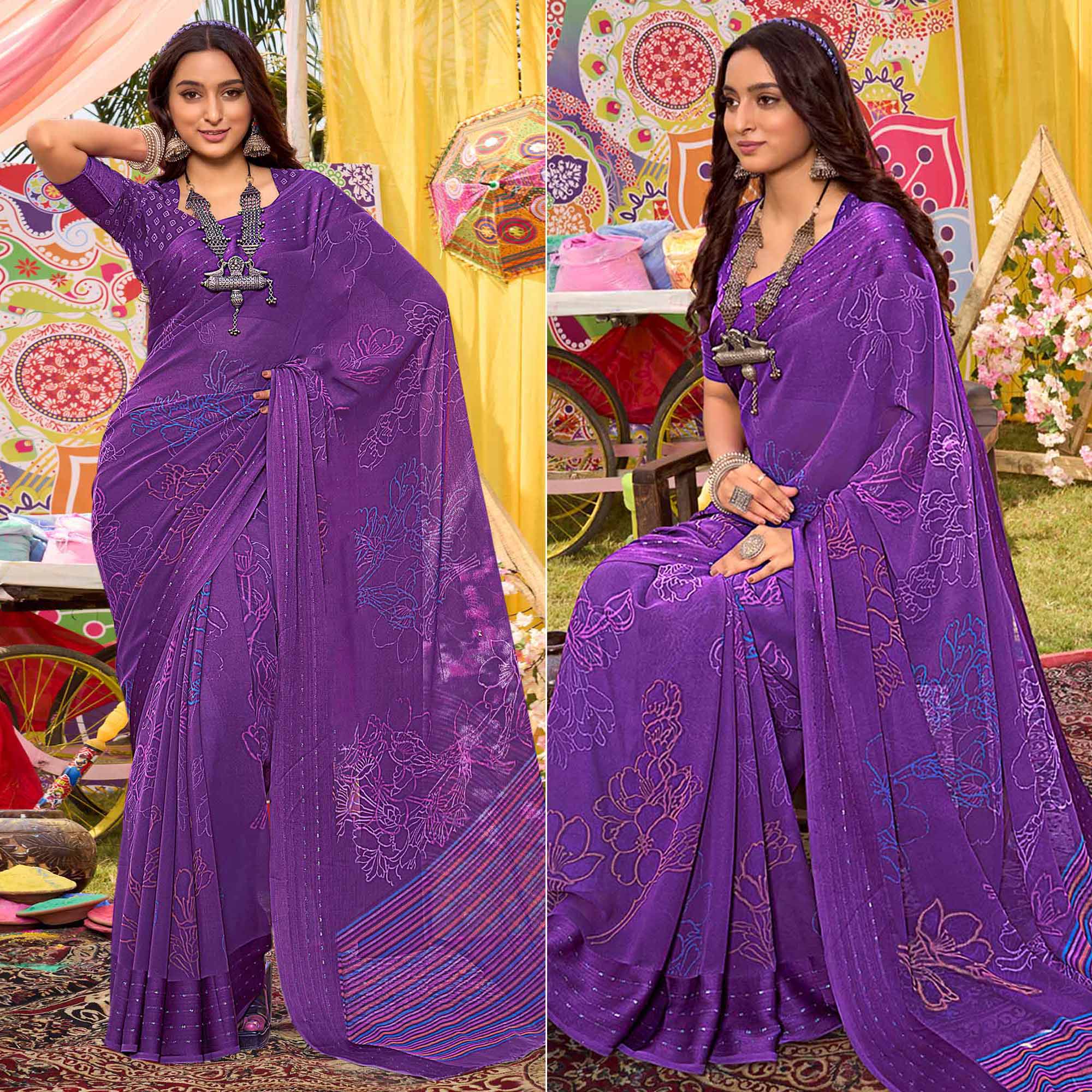 Peachmode Lavender Floral Printed Georgette Saree With Woven Border