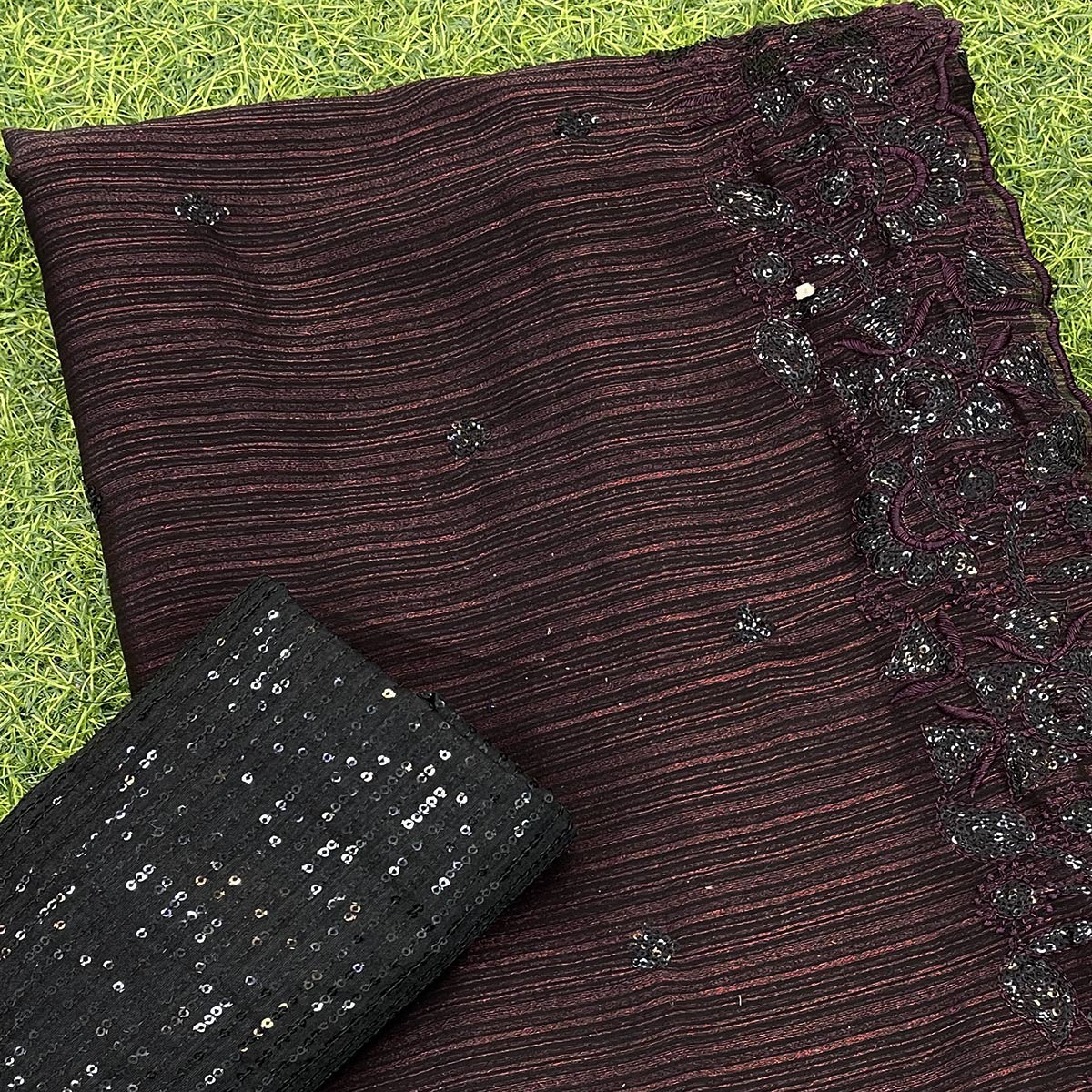 Peachmode Dark Wine Sequins Embroidered Chiffon Saree - view 2