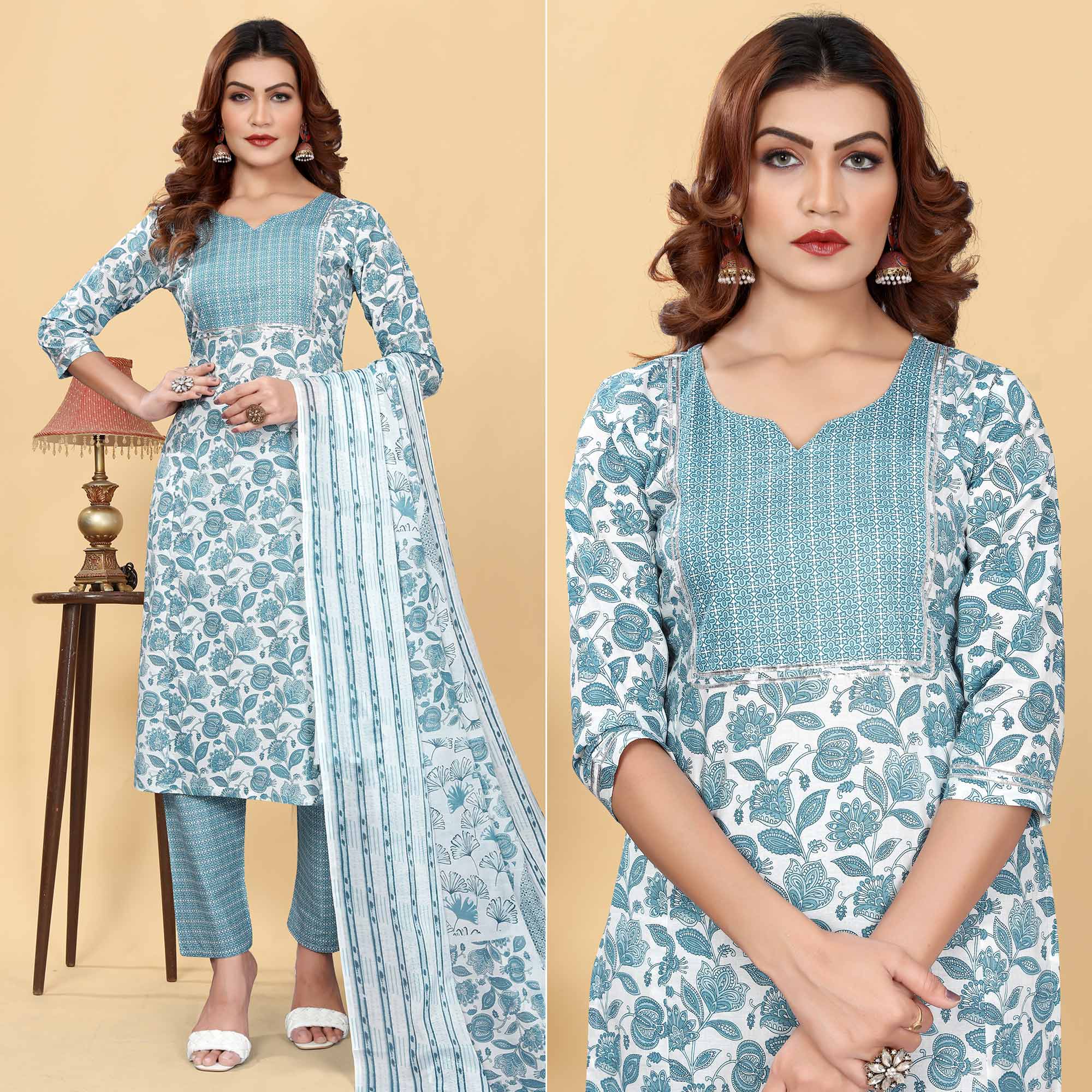 Peachmode Seller Greyish Blue Floral Printed Cotton Blend Salwar Suit
