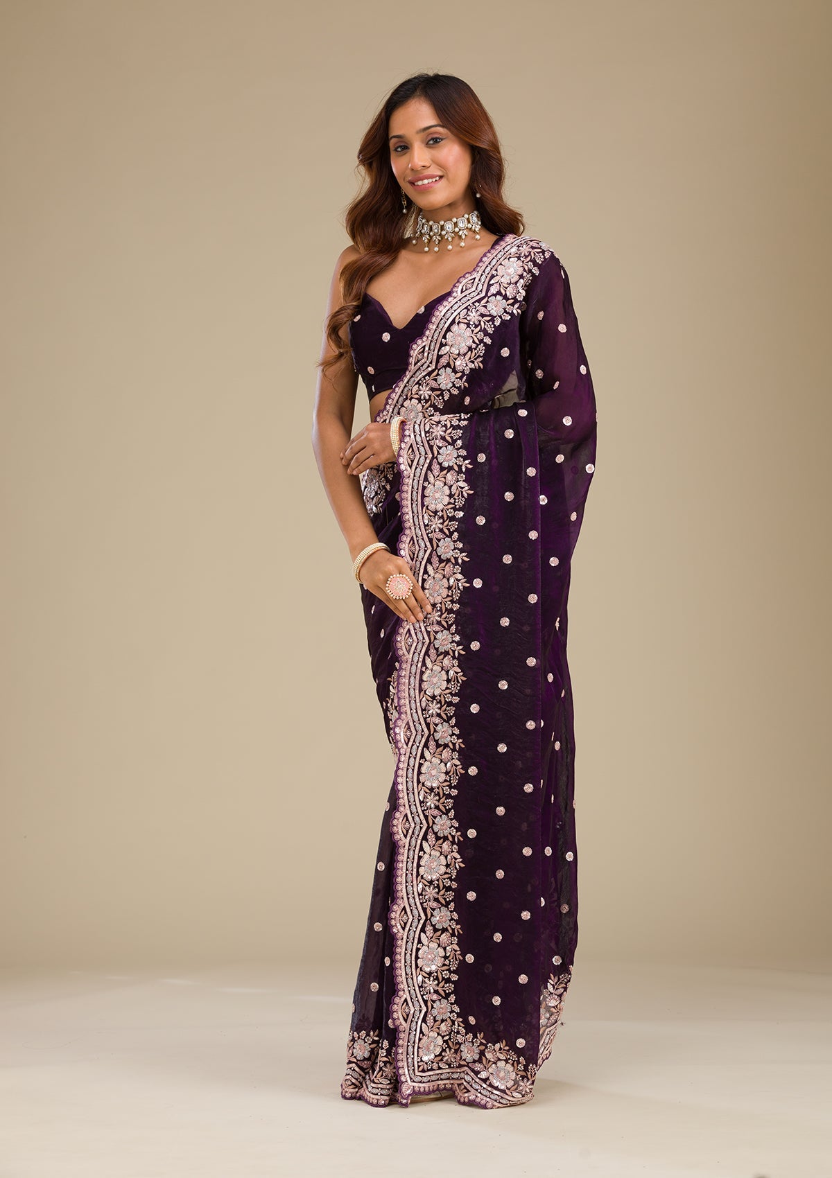 Koskii Purple Sequins Semi Crepe Saree – Women's - view 3