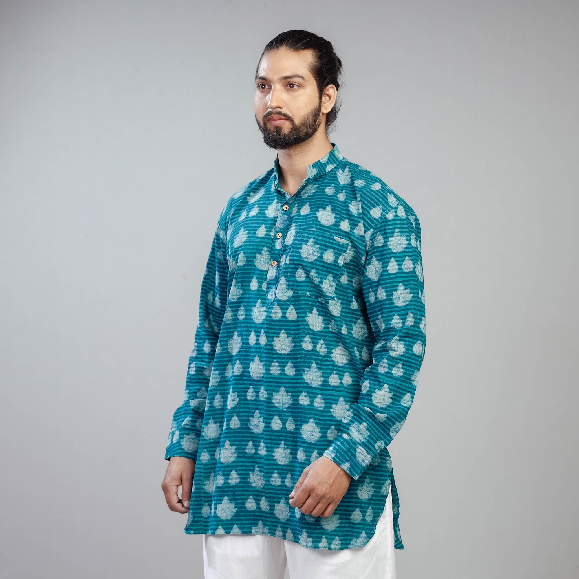 ITOKRI CASUALS Blue - Akola Block Printed Cotton Men Short Kurta - view 2