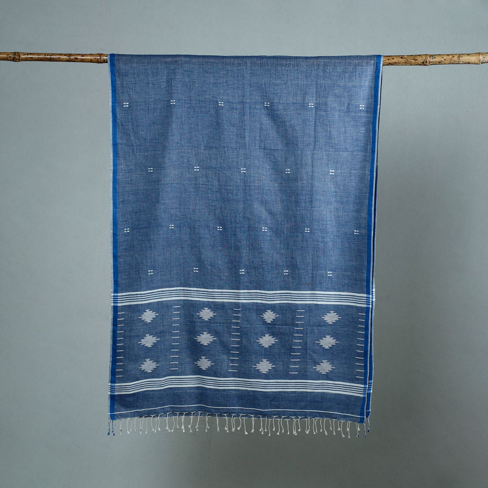 KHUSHBASH - HAPPY LOOM OF EAST Blue - Burdwan Jamdani Cotton Handloom Stole with Tassels 23 - view 2
