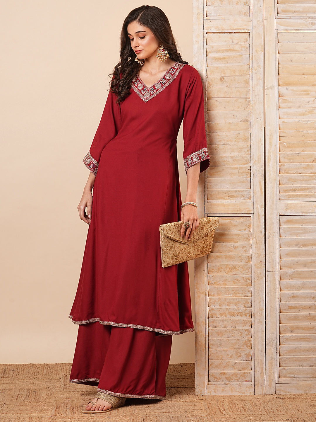 Fashor Solid Floral Embroidered Anarkali Kurta with Flared Palazzo- Maroon - view 2
