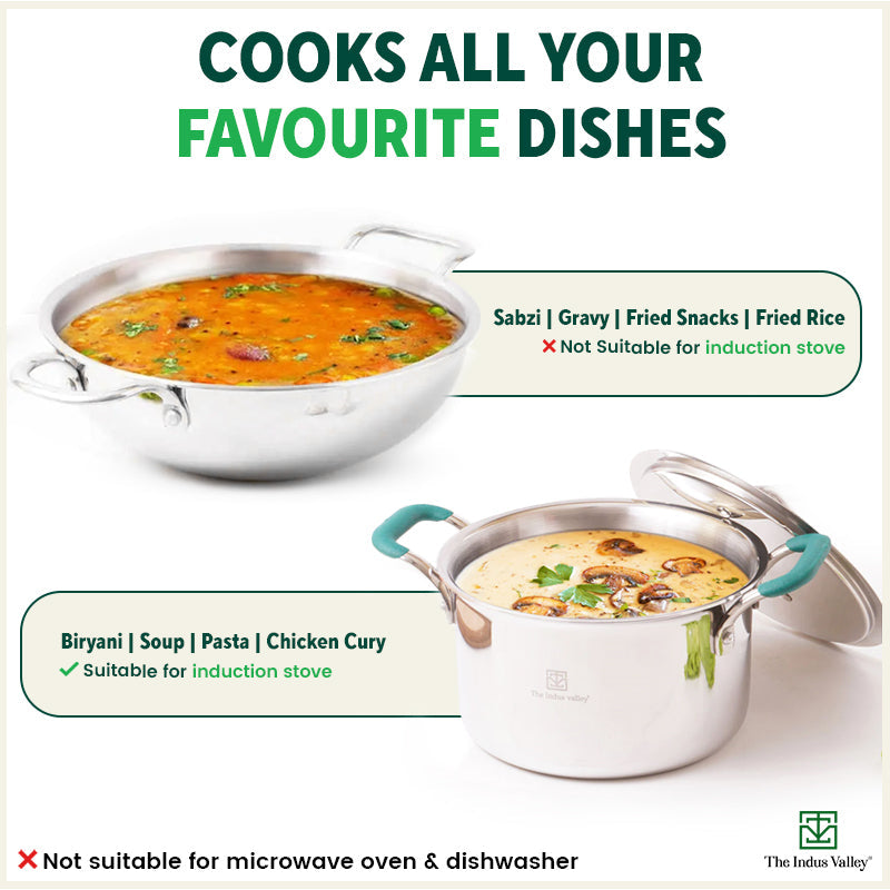 The Indus Valley TurboCuk Tri-ply Stainless Steel Cokware Set: Free ₹600 Wooden Board+ Kadai+ Biryani Pot, Premium Quality, 3 Layer Thick Body, 100% T - view 11