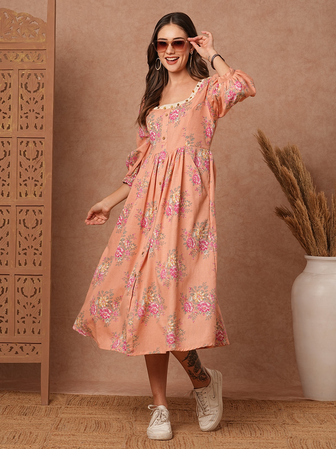 Fashor Floral Foil Printed A-Line Pleated Midi Dress - Peach