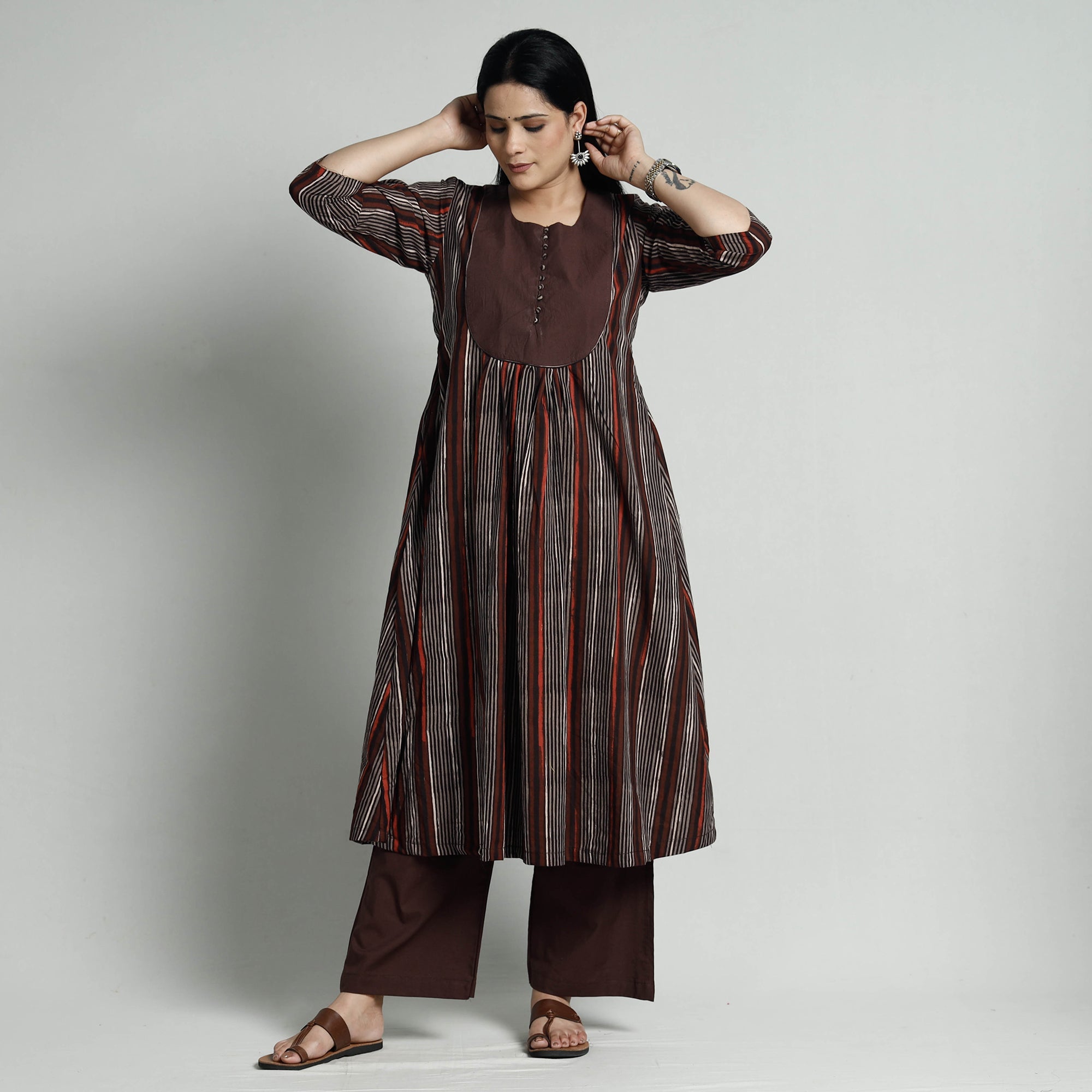ITOKRI CASUALS Brown - Bagru Block Printed Cotton Kurta with Palazzo Set - view 4