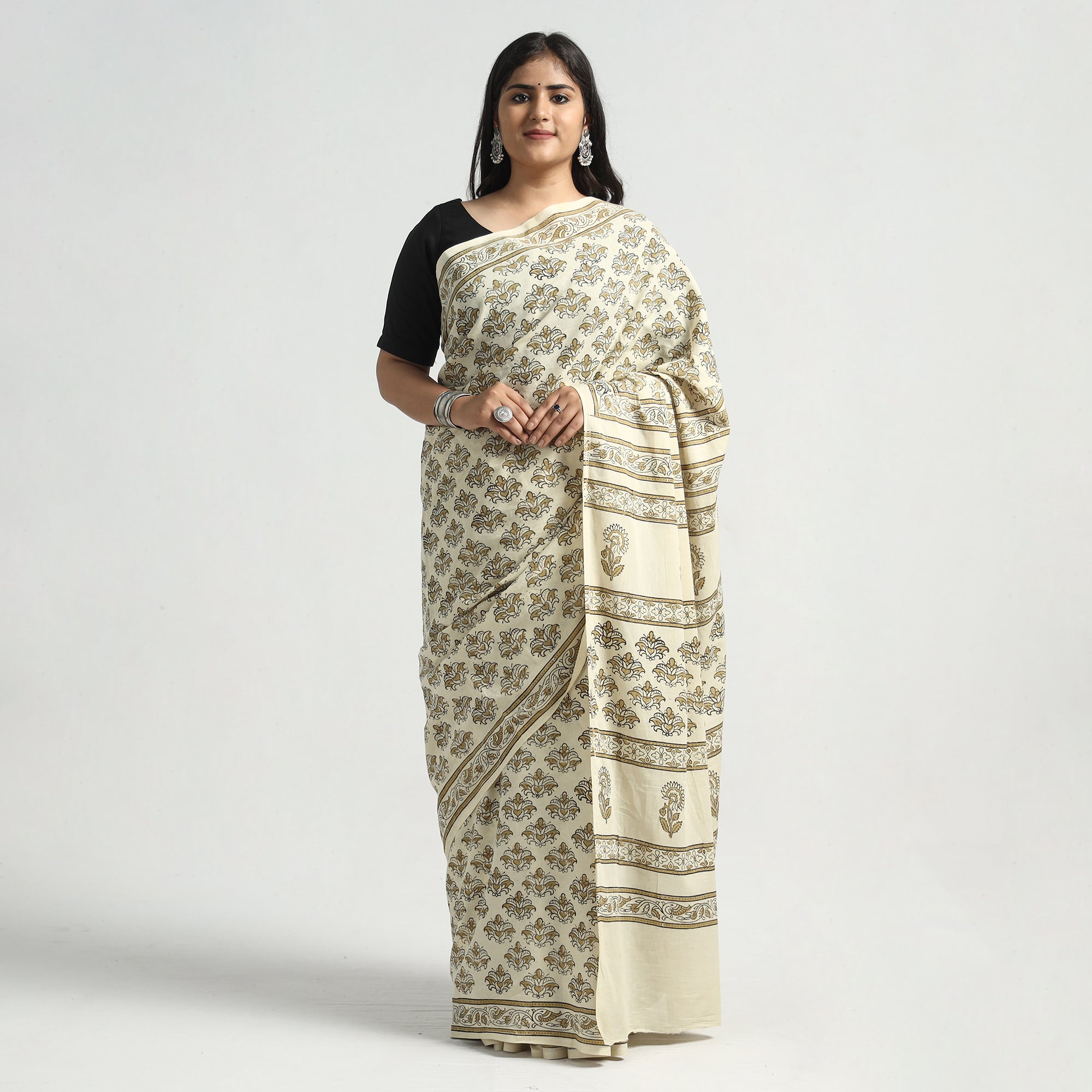 HAVELI CHRONICLES Beige - Akola Hand Block Printed Cotton Saree
