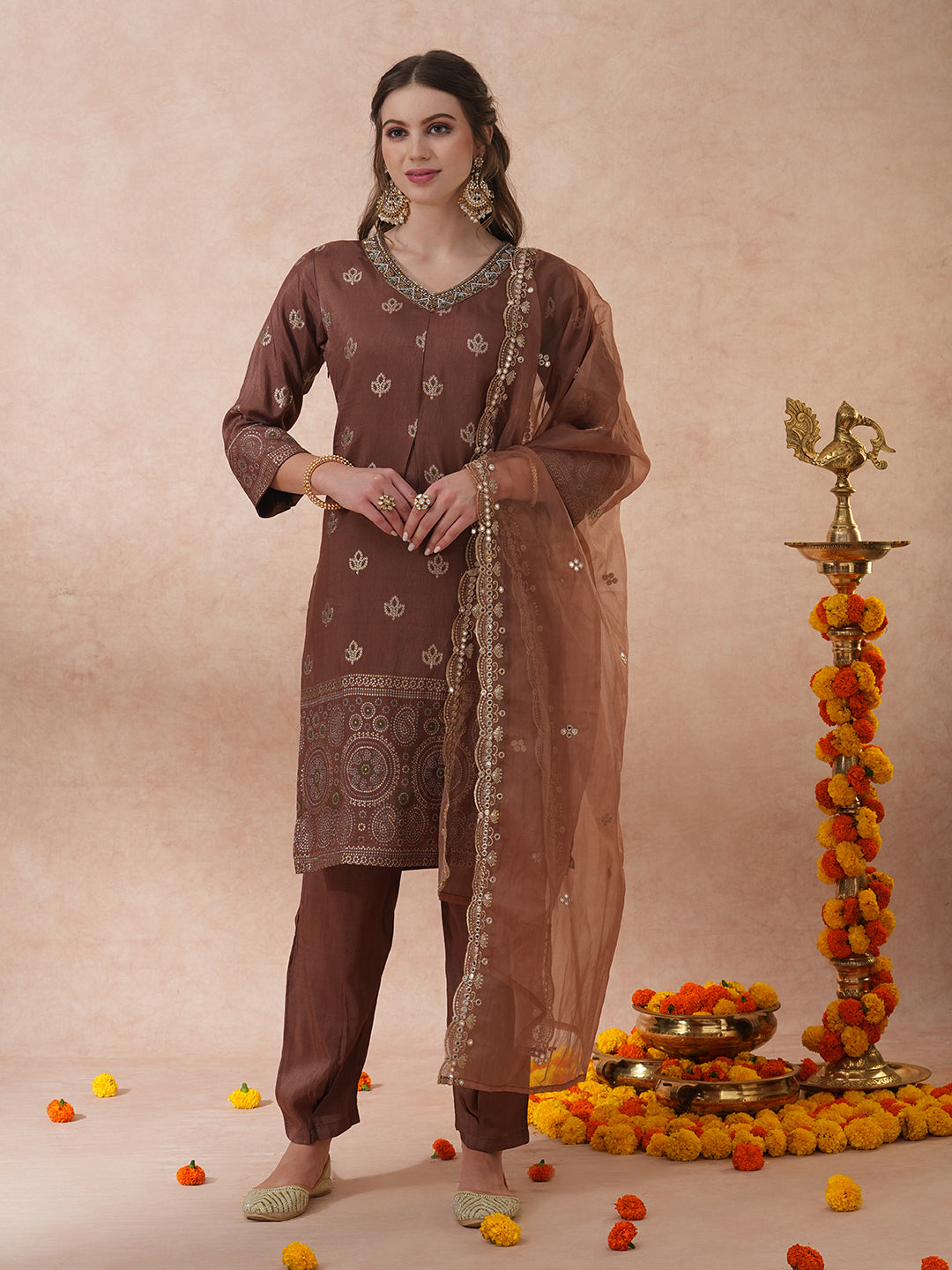 FASHOR Ethnic Hand Embroidered Jacquard Straight Kurta with Pant & Dupatta - Brown - view 4