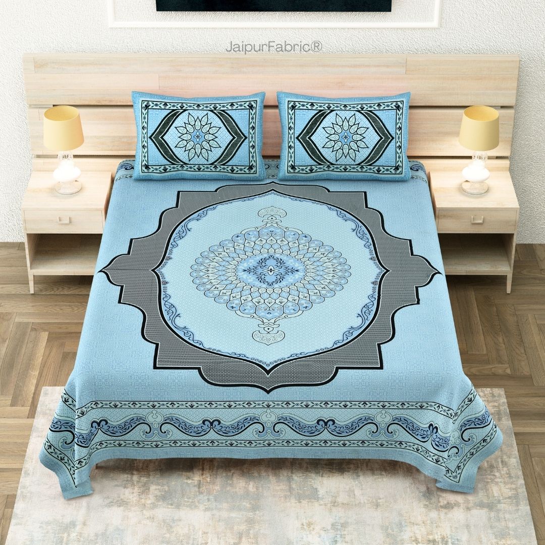 JaipurFabric® Teal Lotus Sutra Abundance Pure Cotton King Size Bedsheet
