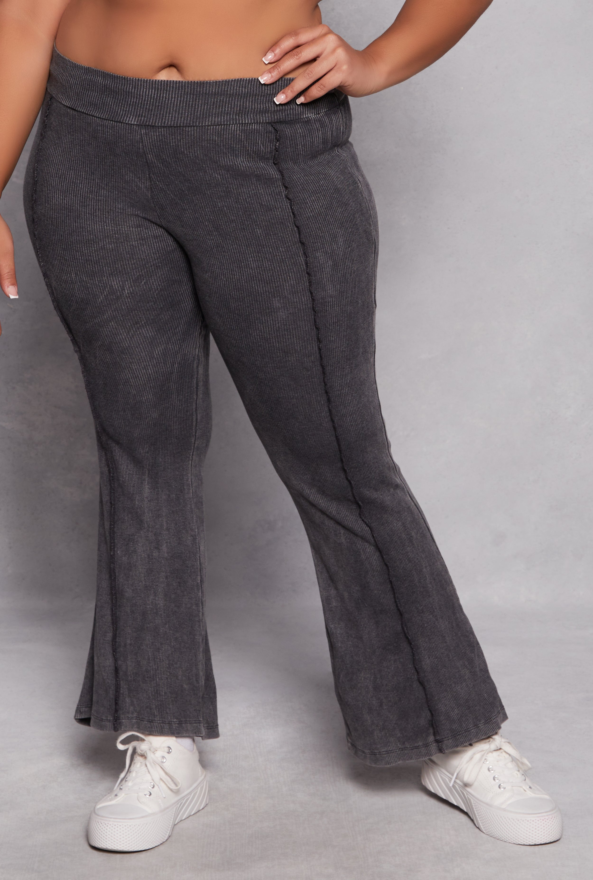Rainbow Shops Plus Size Acid Wash Pintuck Flare Pants - view 2