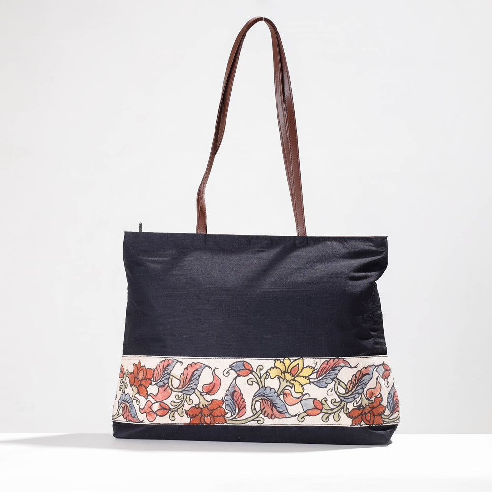 DWARAKA PLUS Black - Shoulder Bag - Handpainted Kalamkari Natural Dyed Ghicha Silk