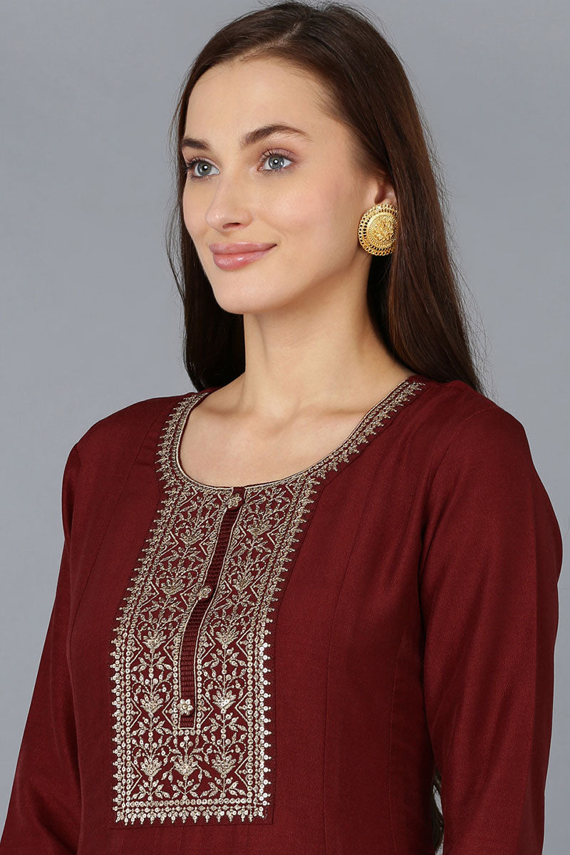 Ahika Maroon Silk Blend Solid A-Line Kurta Trousers With Dupatta PKSKD1756 - view 2
