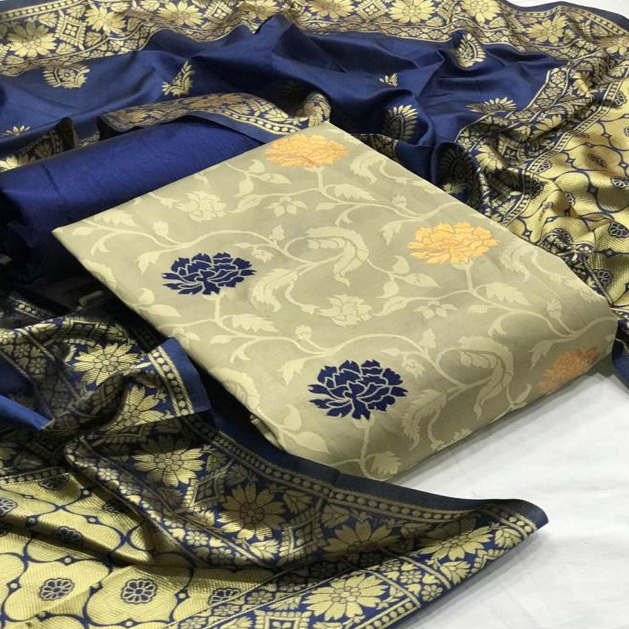 Peachmode Exclusive Beige Colored Casual Wear Woven Banarasi Silk Dress Material