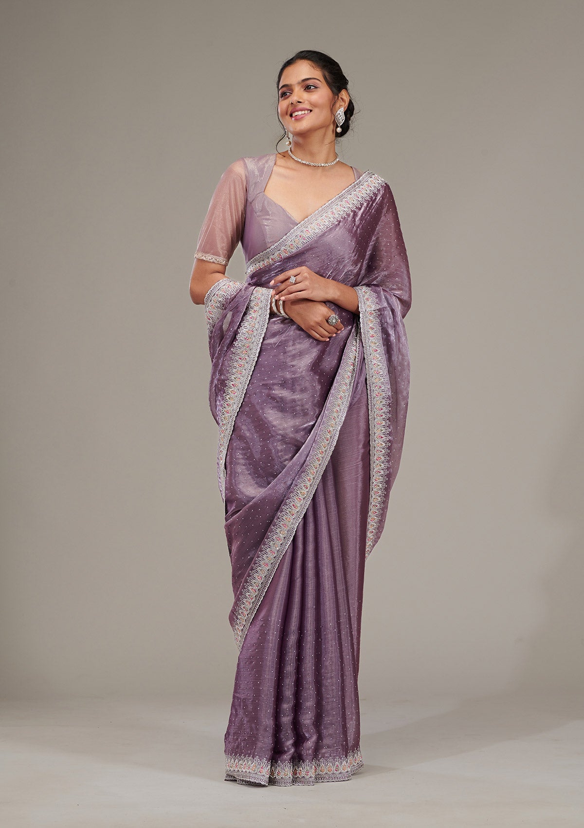 Koskii Purple Stonework Chiffon Saree – Women's